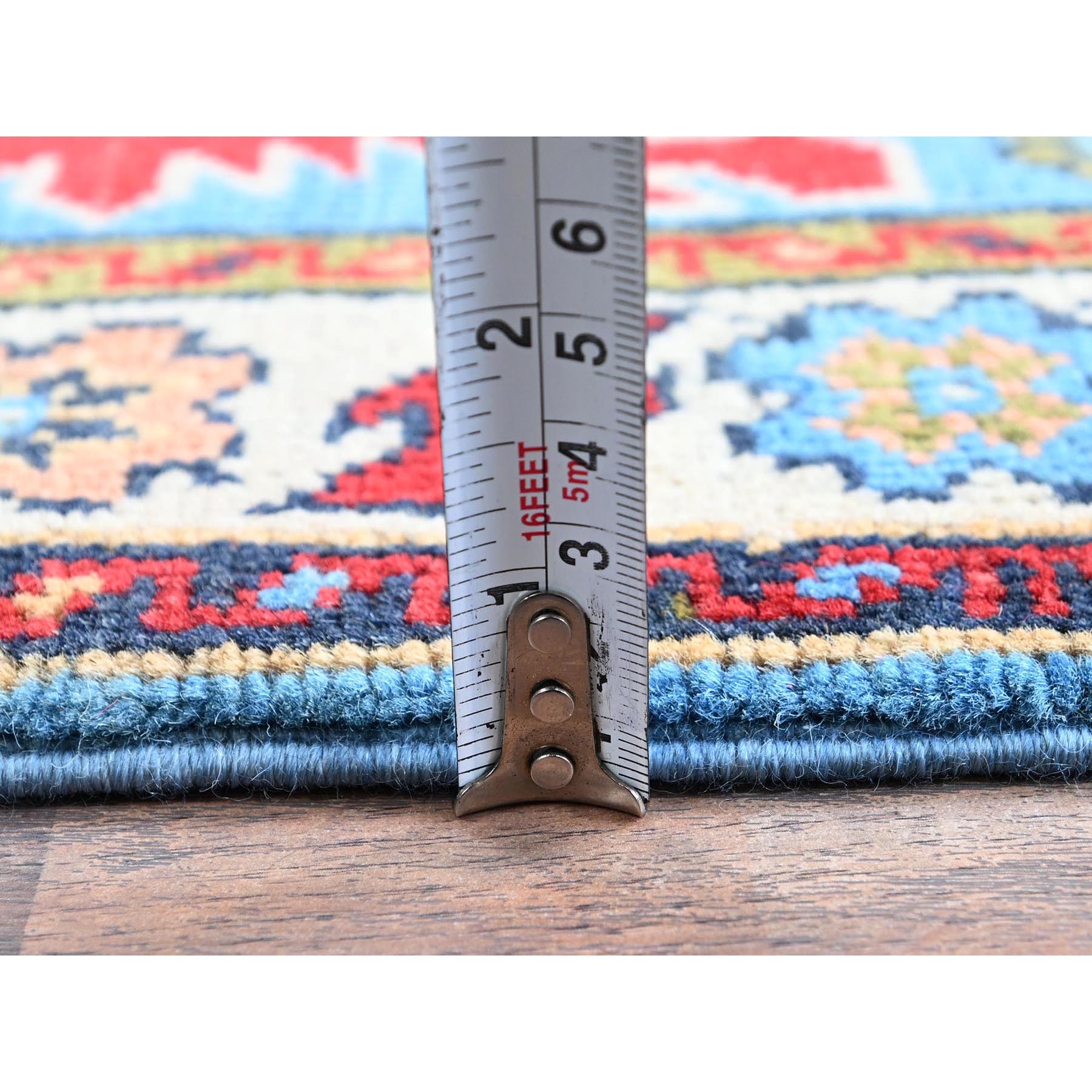 2'8"x4' Bayern Blue, Kazak with Geometric Medallions Design, Hand Knotted, Soft and Shiny Wool, Vegetable Dyes, Denser Weave, Sample, Mat, Oriental Rug Sh400