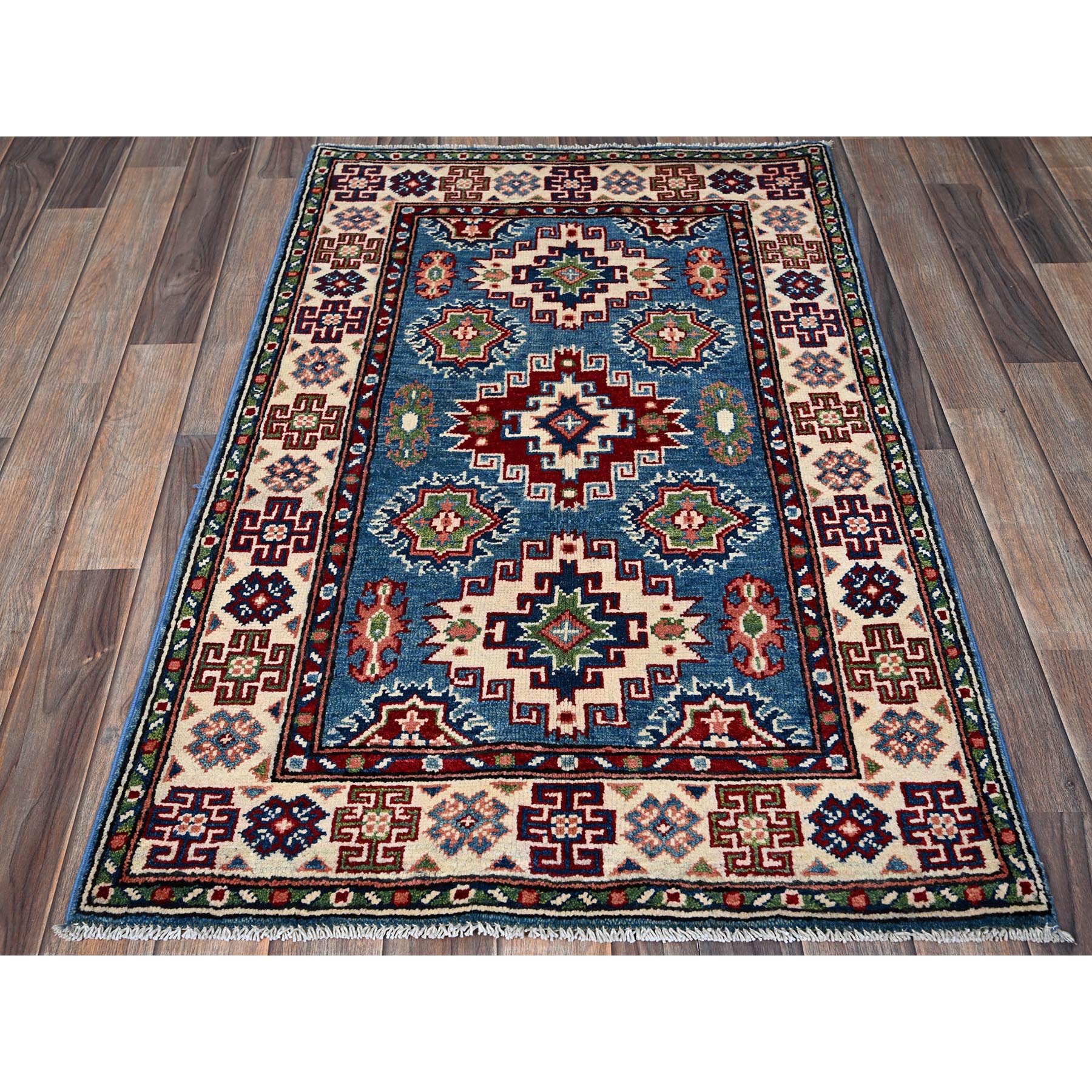 2'8"x4'1" Maya Blue, Kazak with Tribal Medallions Design, Vegetable Dyes, Hand Knotted, Denser Weave, Soft and Vibrant Wool, Sample, Mat, Oriental Rug Sh401