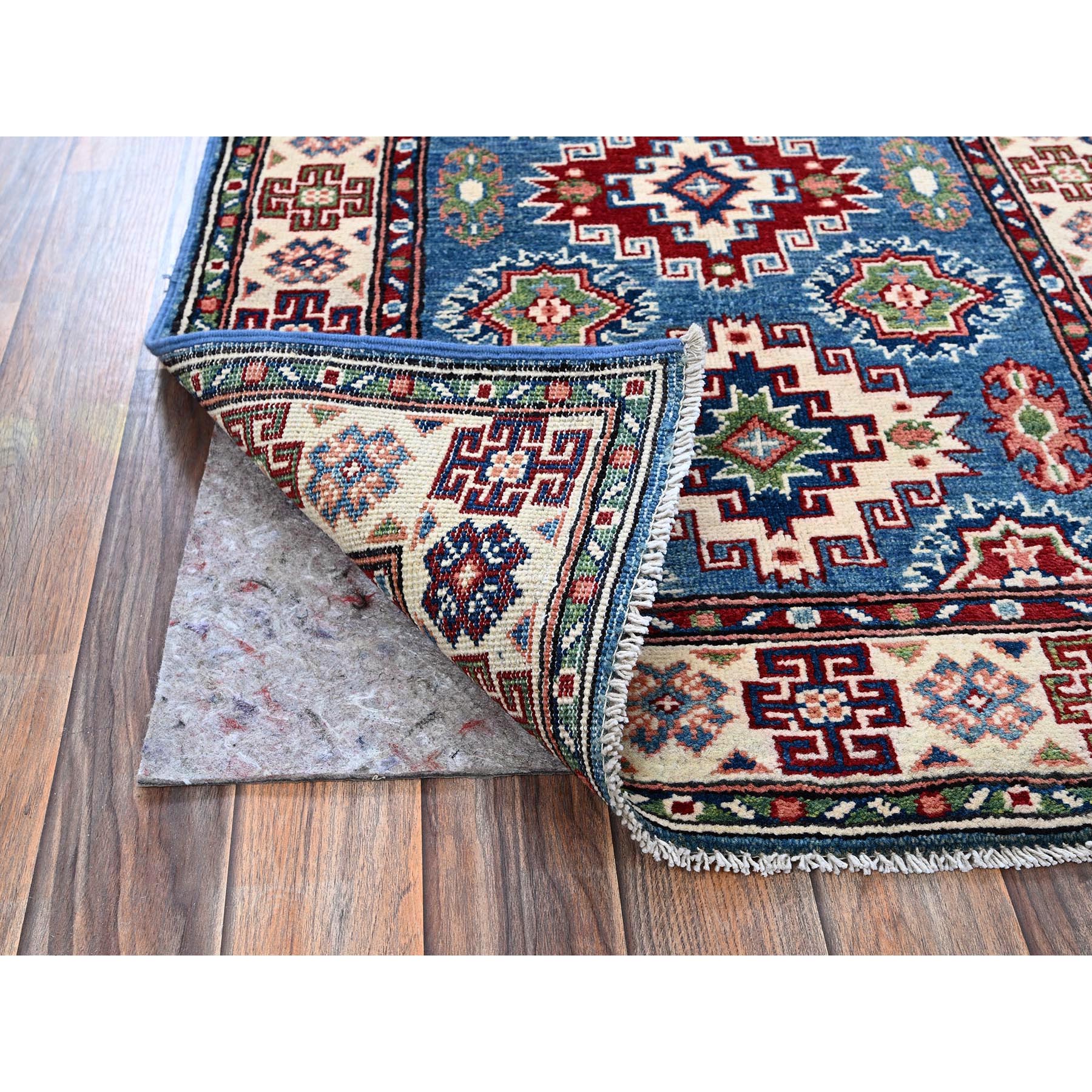 2'8"x4'1" Maya Blue, Kazak with Tribal Medallions Design, Vegetable Dyes, Hand Knotted, Denser Weave, Soft and Vibrant Wool, Sample, Mat, Oriental Rug Sh401