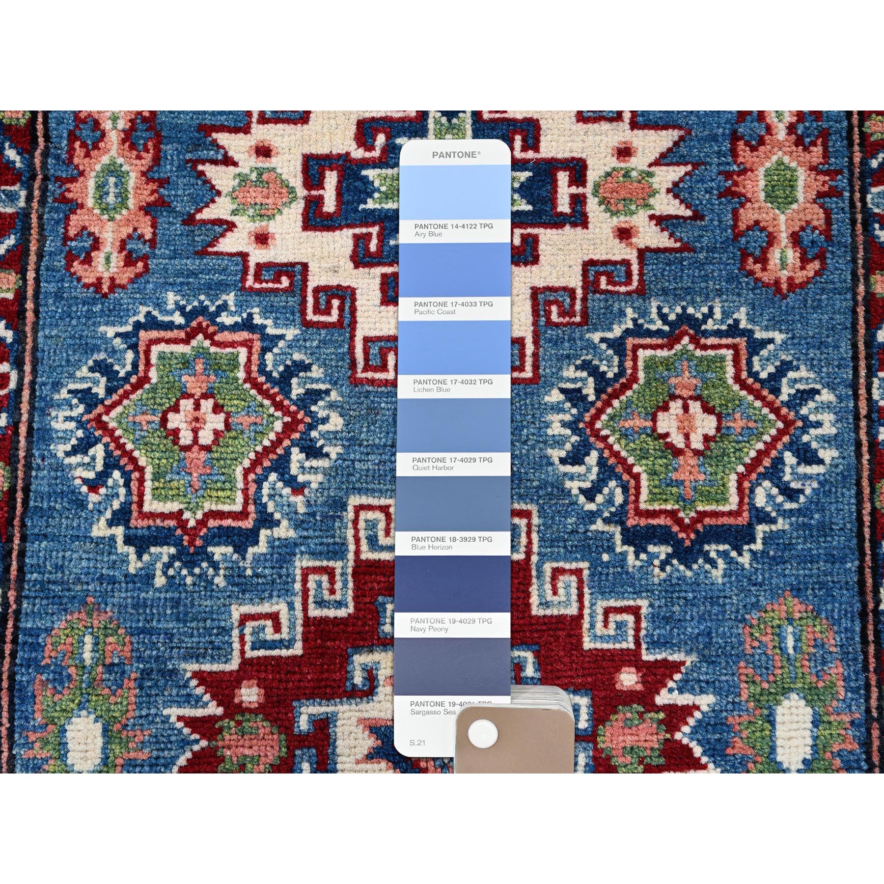 2'8"x4'1" Maya Blue, Kazak with Tribal Medallions Design, Vegetable Dyes, Hand Knotted, Denser Weave, Soft and Vibrant Wool, Sample, Mat, Oriental Rug Sh401
