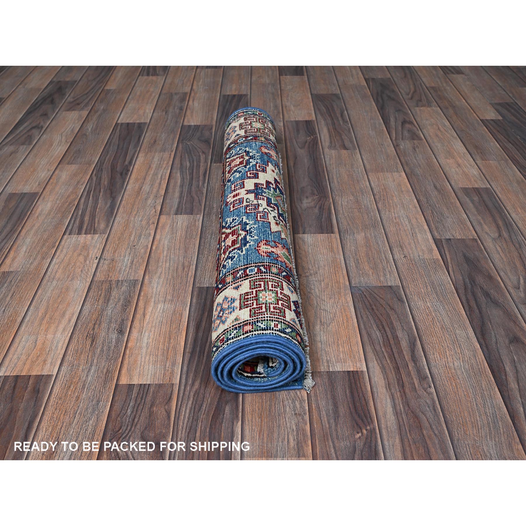 2'8"x4'1" Maya Blue, Kazak with Tribal Medallions Design, Vegetable Dyes, Hand Knotted, Denser Weave, Soft and Vibrant Wool, Sample, Mat, Oriental Rug Sh401