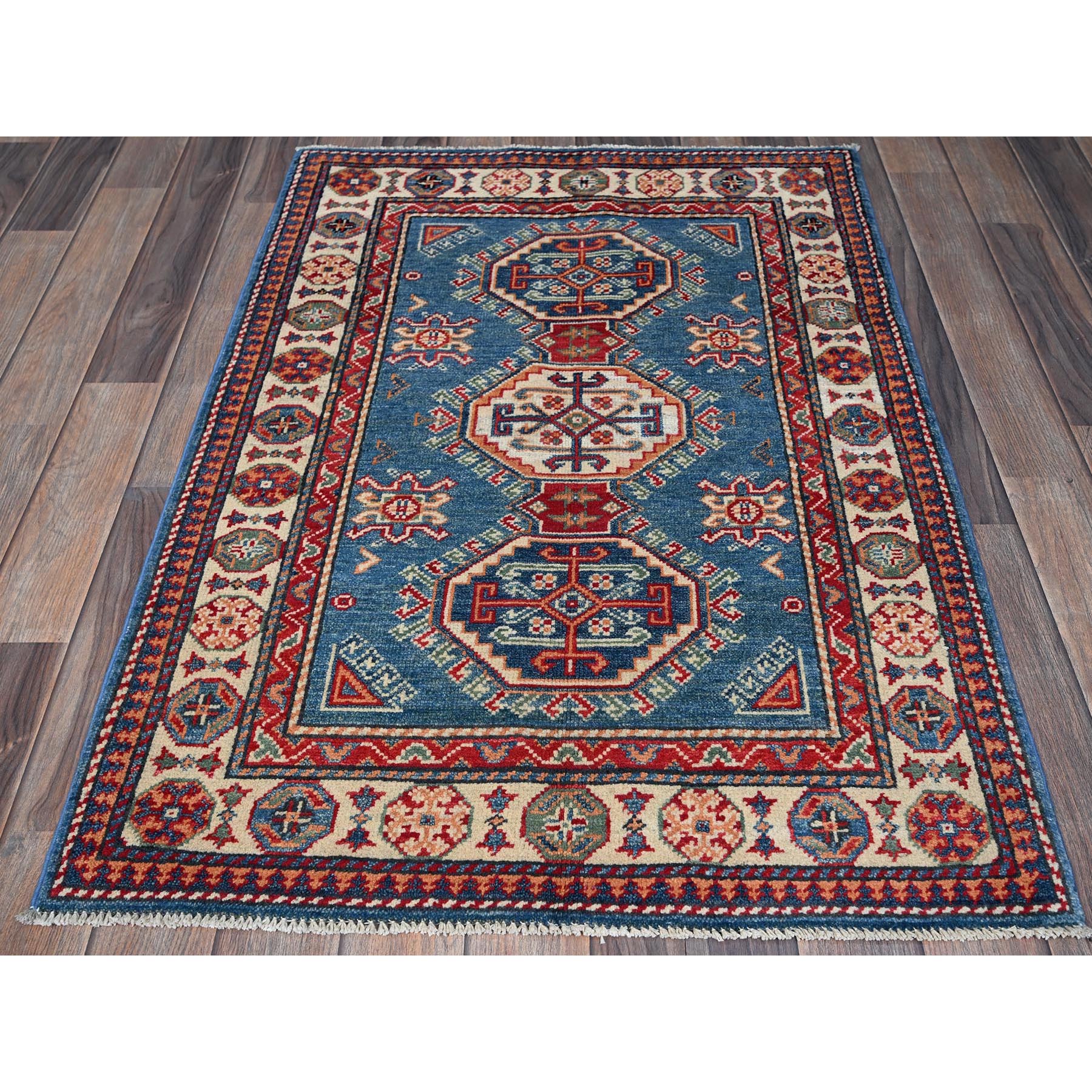 2'8"x4' Carolina Blue, Kazak with Tribal Design, Vegetable Dyes, Hand Knotted, Soft and Shiny Wool, Denser Weave, Sample, Mat, Oriental Rug Sh402