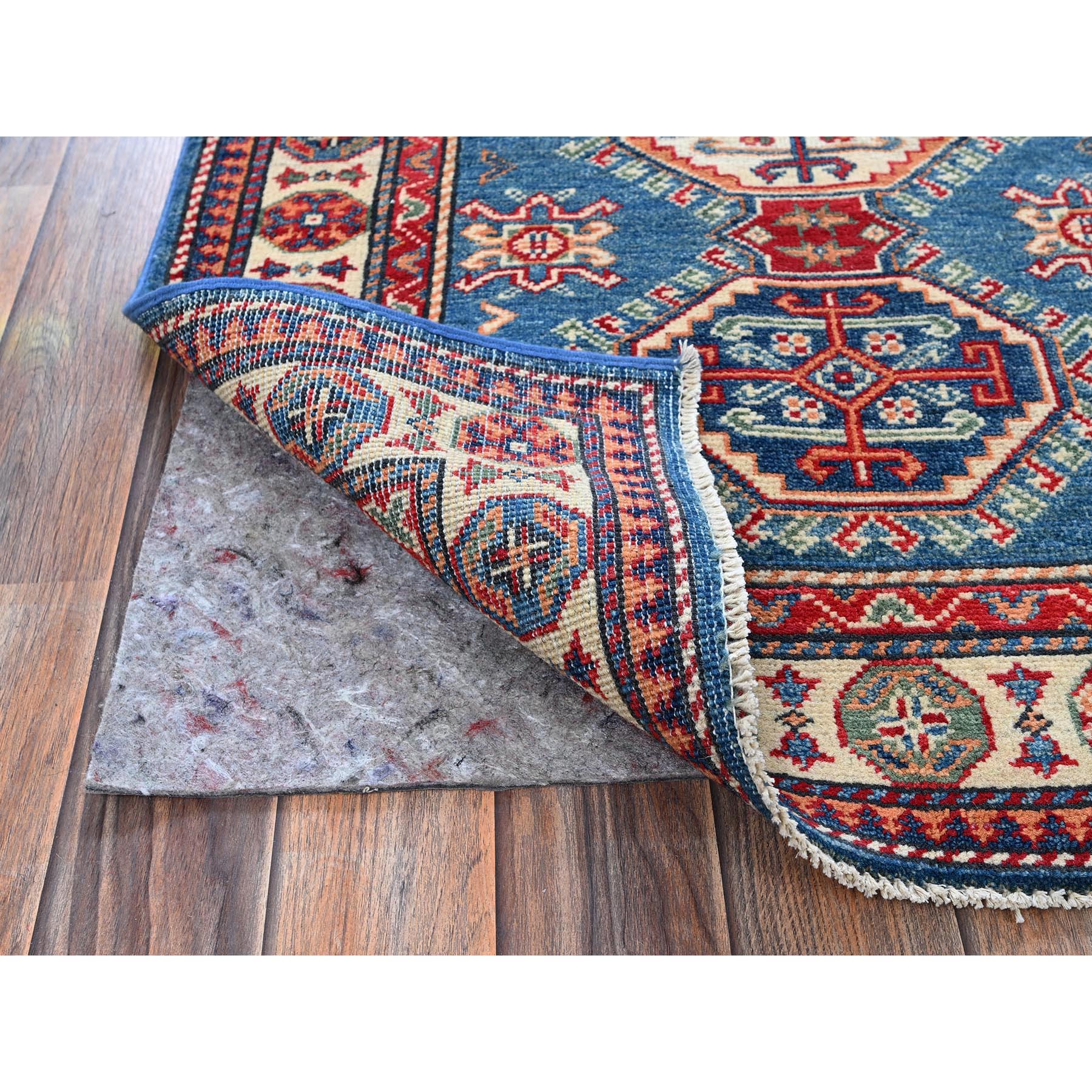 2'8"x4' Carolina Blue, Kazak with Tribal Design, Vegetable Dyes, Hand Knotted, Soft and Shiny Wool, Denser Weave, Sample, Mat, Oriental Rug Sh402
