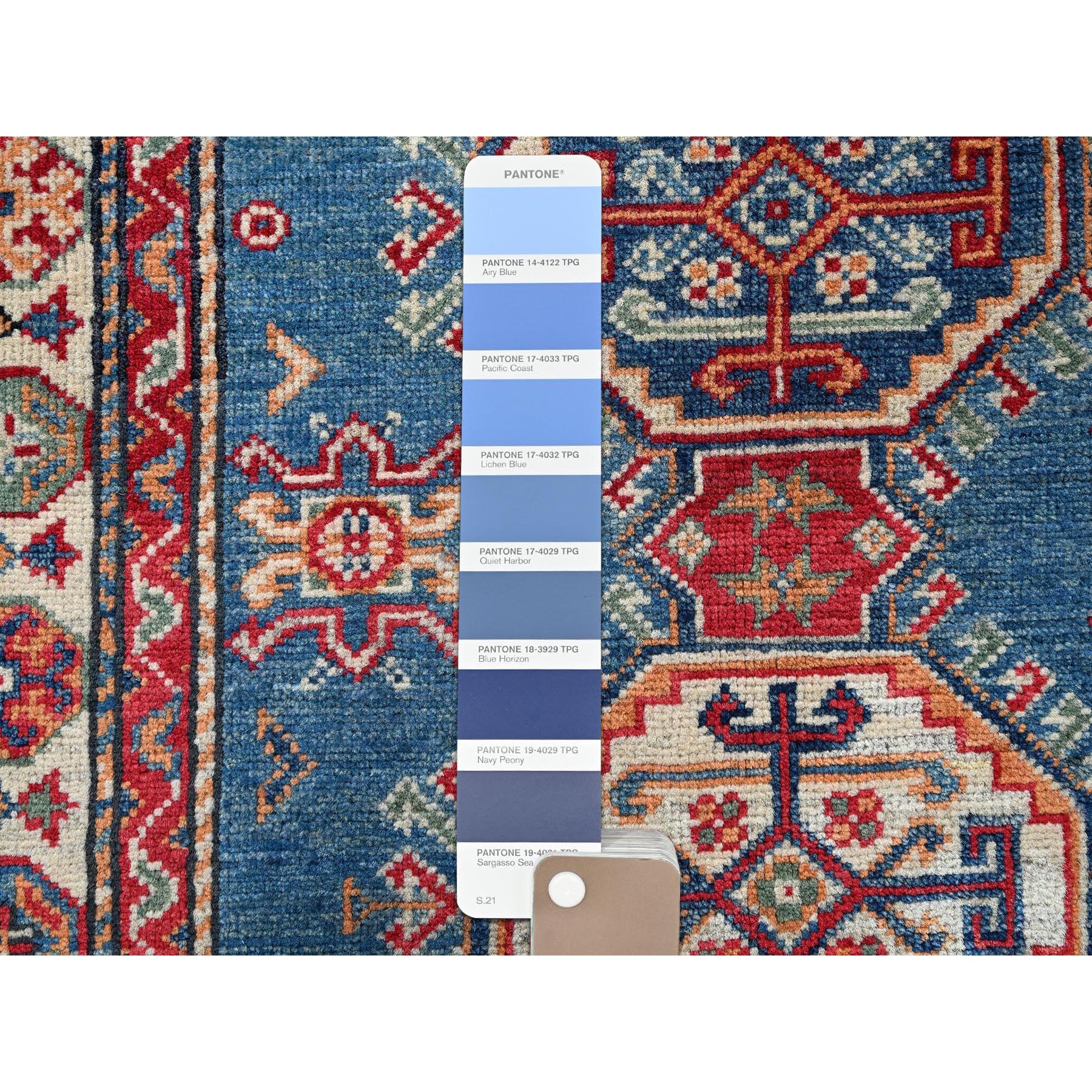 2'8"x4' Carolina Blue, Kazak with Tribal Design, Vegetable Dyes, Hand Knotted, Soft and Shiny Wool, Denser Weave, Sample, Mat, Oriental Rug Sh402
