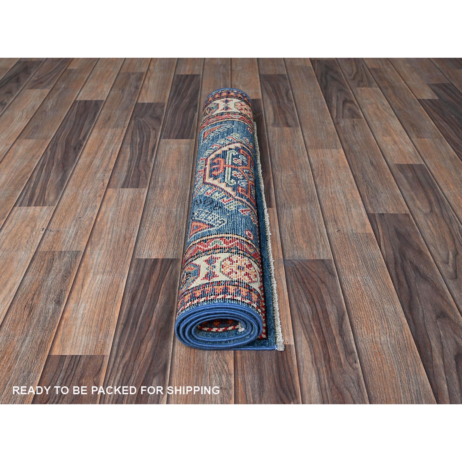2'8"x4' Carolina Blue, Kazak with Tribal Design, Vegetable Dyes, Hand Knotted, Soft and Shiny Wool, Denser Weave, Sample, Mat, Oriental Rug Sh402