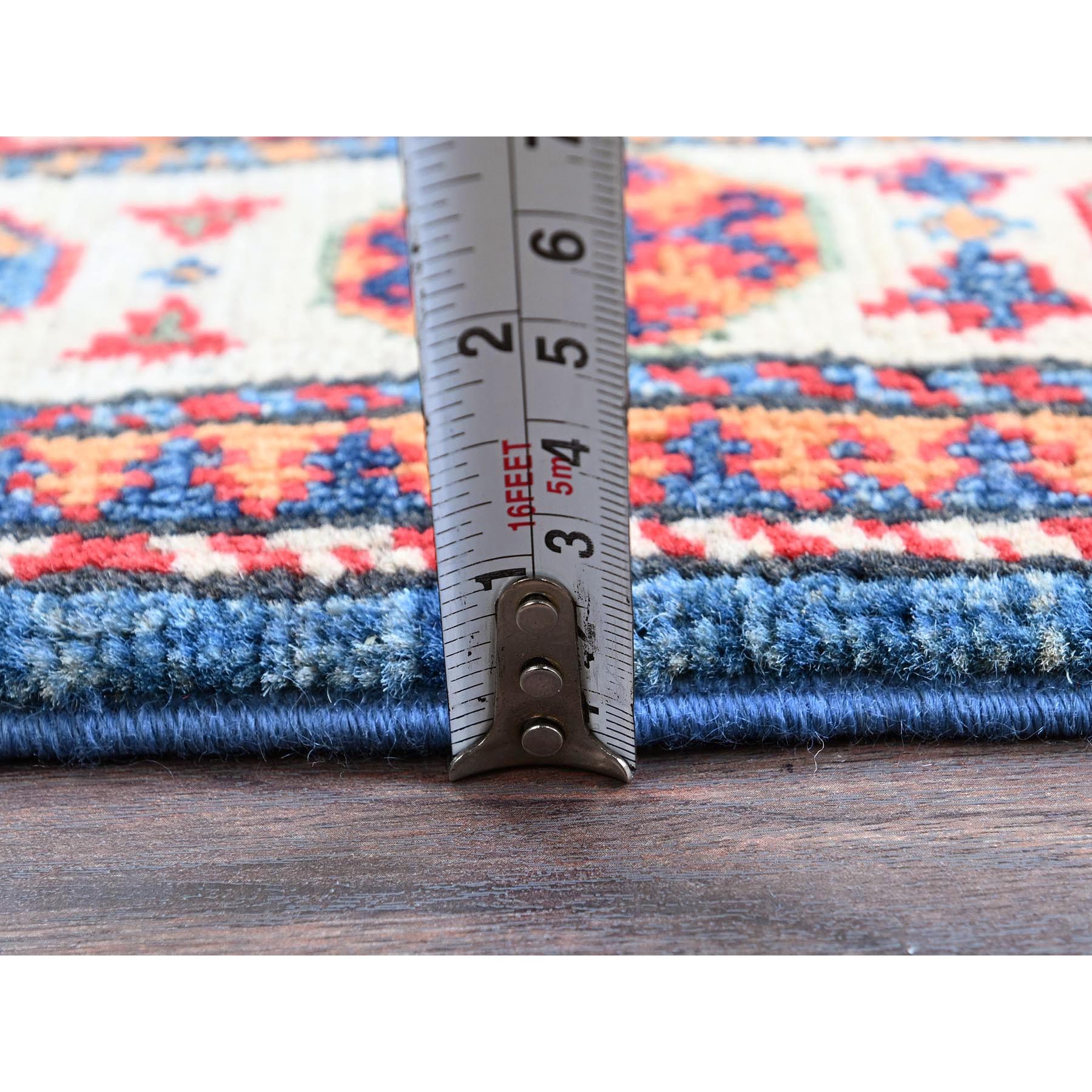 2'8"x4' Carolina Blue, Kazak with Tribal Design, Vegetable Dyes, Hand Knotted, Soft and Shiny Wool, Denser Weave, Sample, Mat, Oriental Rug Sh402