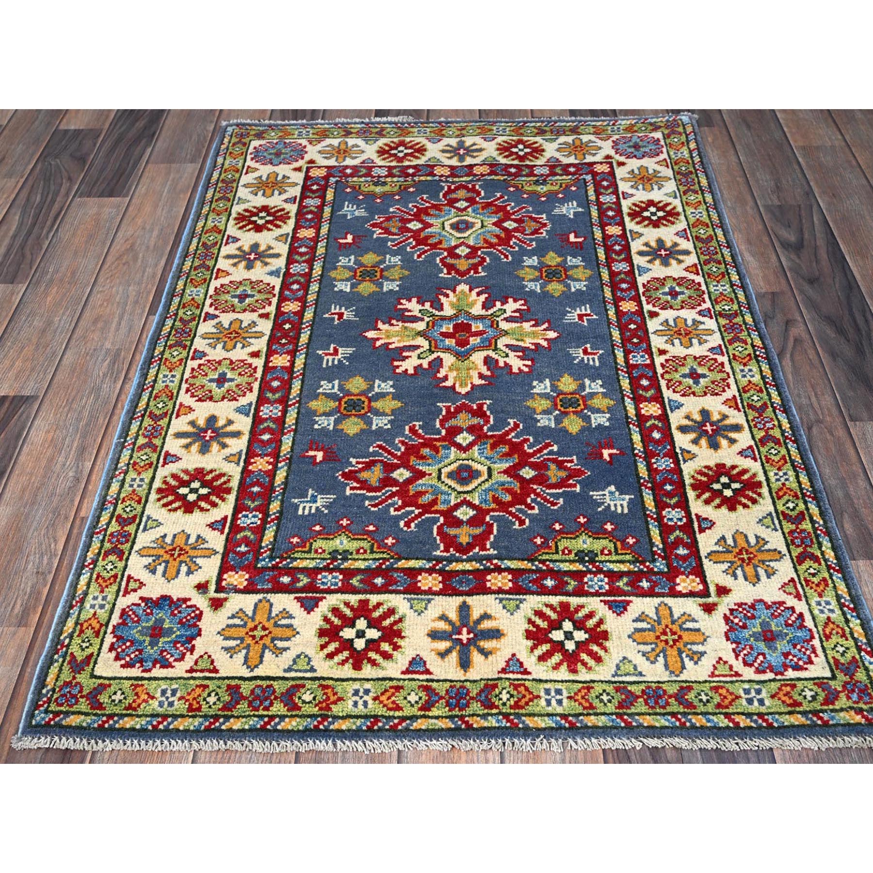 2'9"x4'1" Yonder Blue, Kazak with Tribal Design, Vegetable Dyes, Hand Knotted, Denser Weave, Soft and Shiny Wool, Sample, Mat, Oriental Rug Sh404