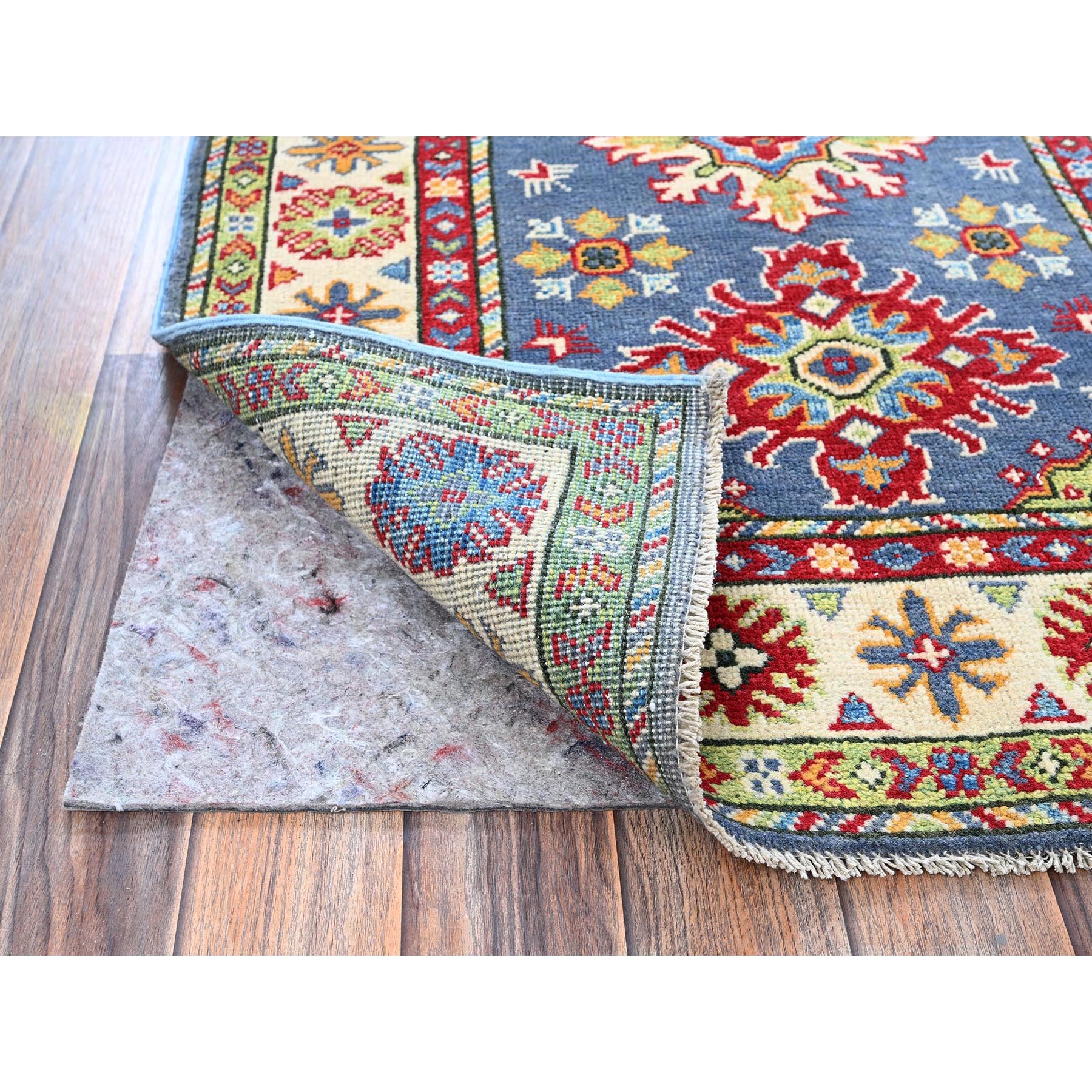 2'9"x4'1" Yonder Blue, Kazak with Tribal Design, Vegetable Dyes, Hand Knotted, Denser Weave, Soft and Shiny Wool, Sample, Mat, Oriental Rug Sh404