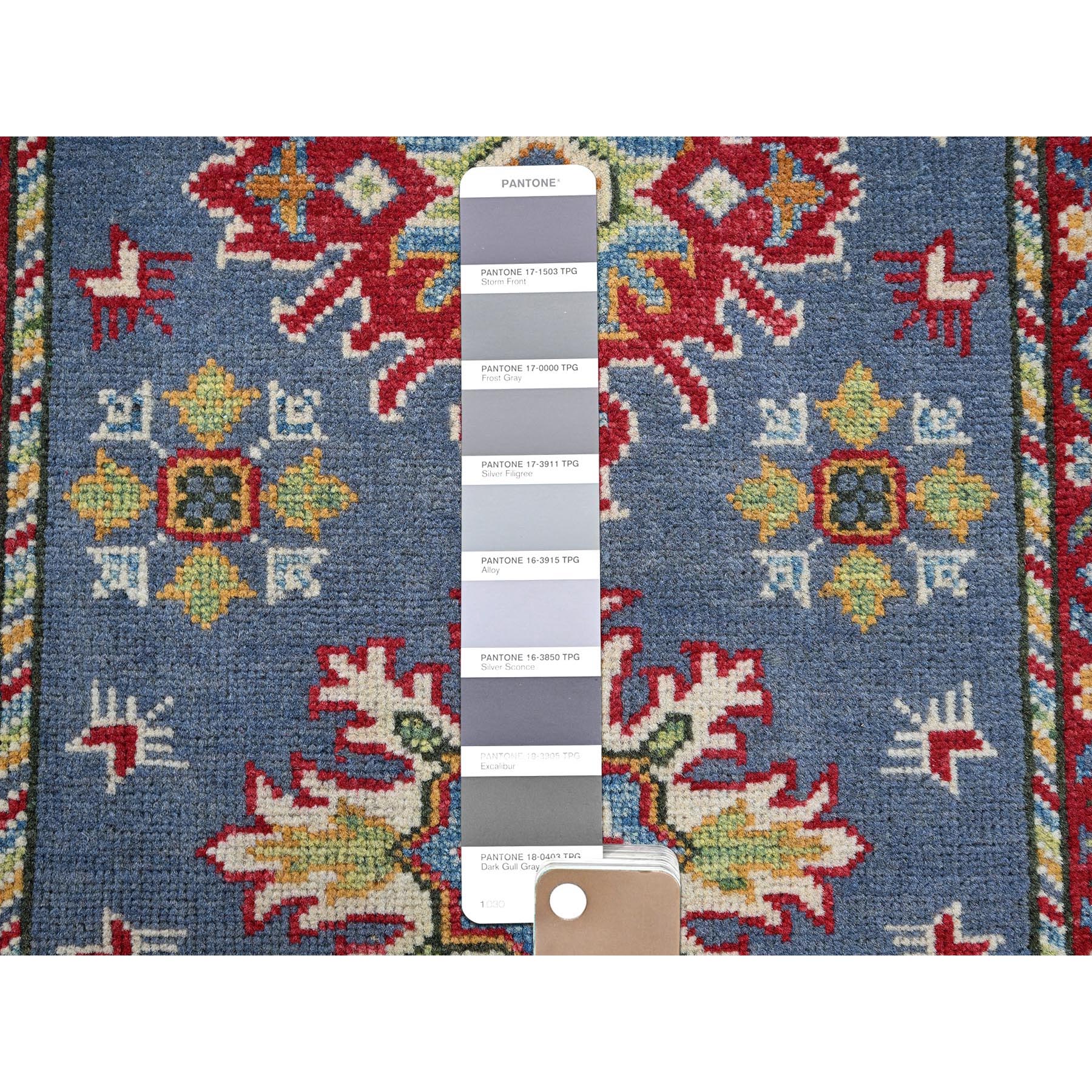 2'9"x4'1" Yonder Blue, Kazak with Tribal Design, Vegetable Dyes, Hand Knotted, Denser Weave, Soft and Shiny Wool, Sample, Mat, Oriental Rug Sh404