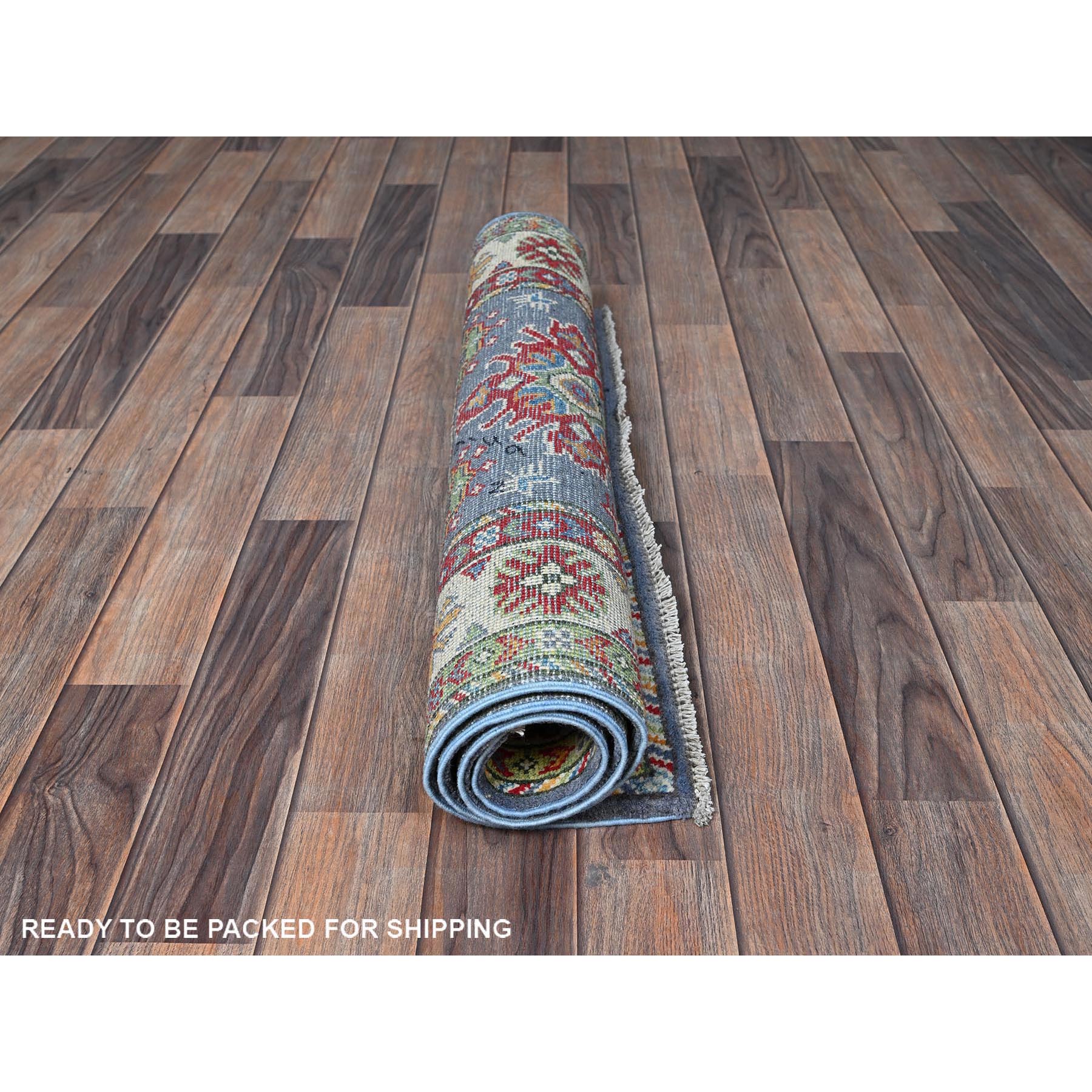 2'9"x4'1" Yonder Blue, Kazak with Tribal Design, Vegetable Dyes, Hand Knotted, Denser Weave, Soft and Shiny Wool, Sample, Mat, Oriental Rug Sh404