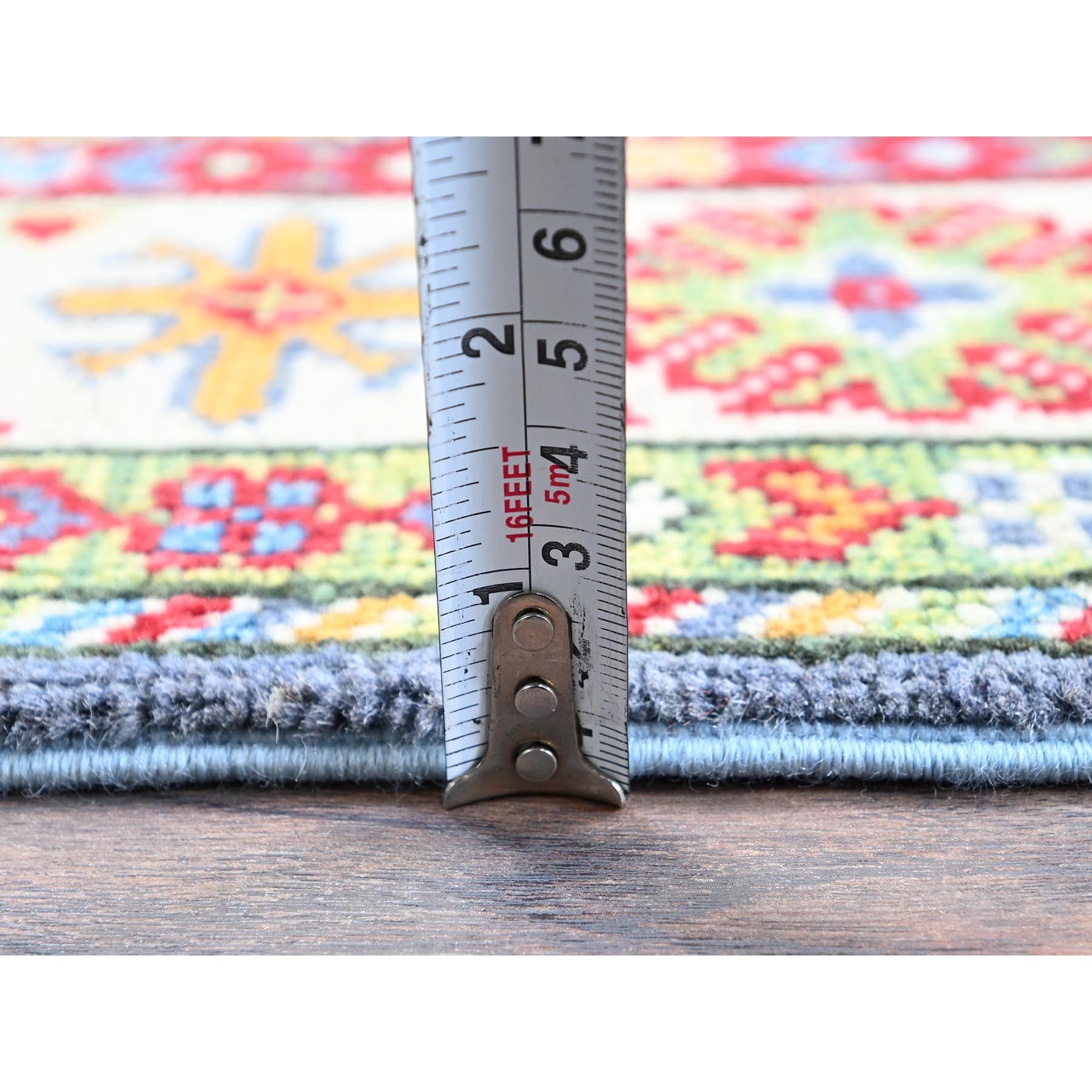 2'9"x4'1" Yonder Blue, Kazak with Tribal Design, Vegetable Dyes, Hand Knotted, Denser Weave, Soft and Shiny Wool, Sample, Mat, Oriental Rug Sh404