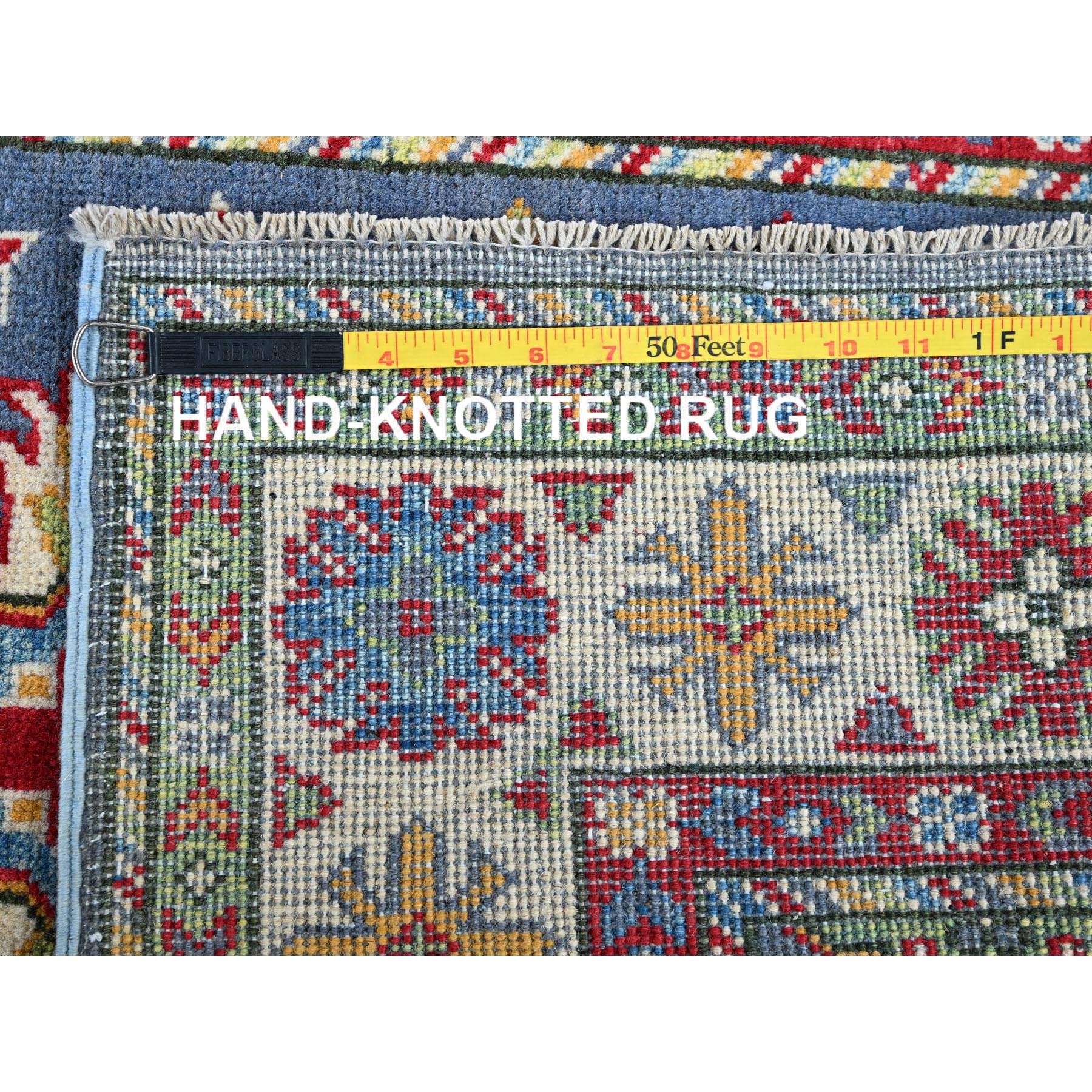 2'9"x4'1" Yonder Blue, Kazak with Tribal Design, Vegetable Dyes, Hand Knotted, Denser Weave, Soft and Shiny Wool, Sample, Mat, Oriental Rug Sh404