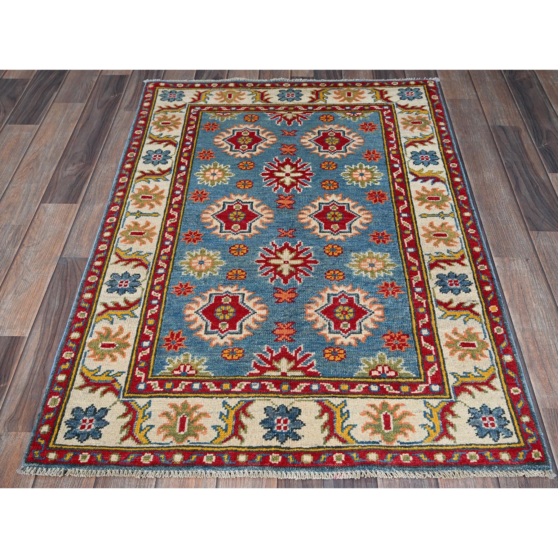 2'10"x4' Maya Blue, Kazak with Tribal Design, Vegetable Dyes, Hand Knotted, Soft and Vibrant Wool, Denser Weave, Sample, Mat, Oriental Rug Sh405