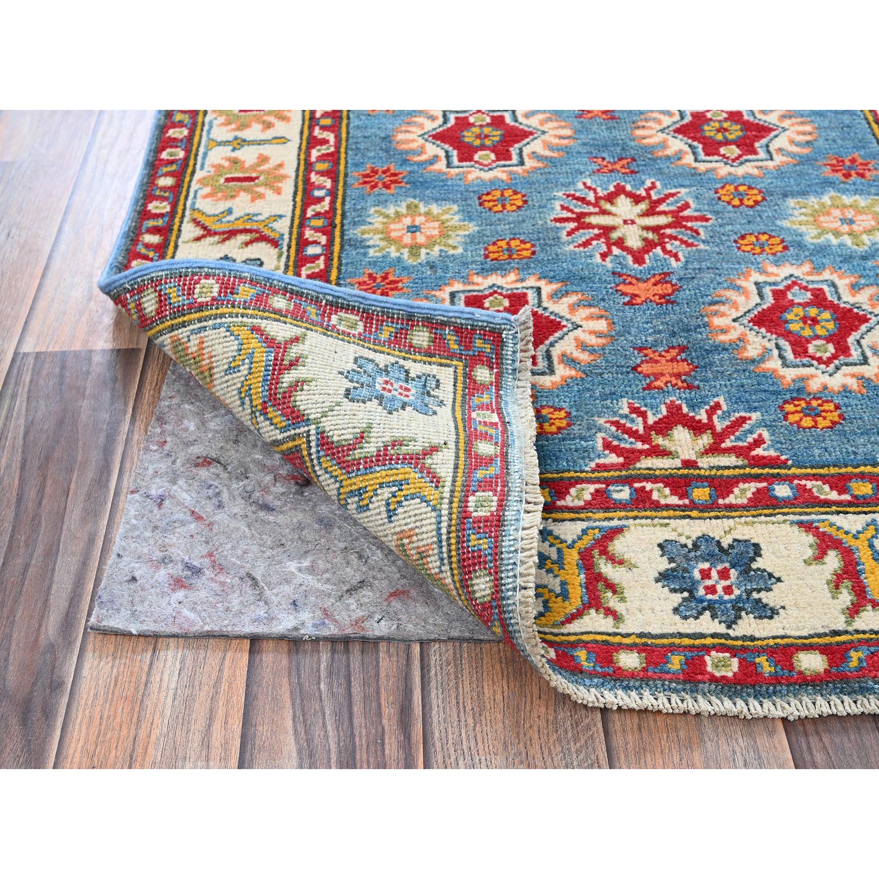 2'10"x4' Maya Blue, Kazak with Tribal Design, Vegetable Dyes, Hand Knotted, Soft and Vibrant Wool, Denser Weave, Sample, Mat, Oriental Rug Sh405