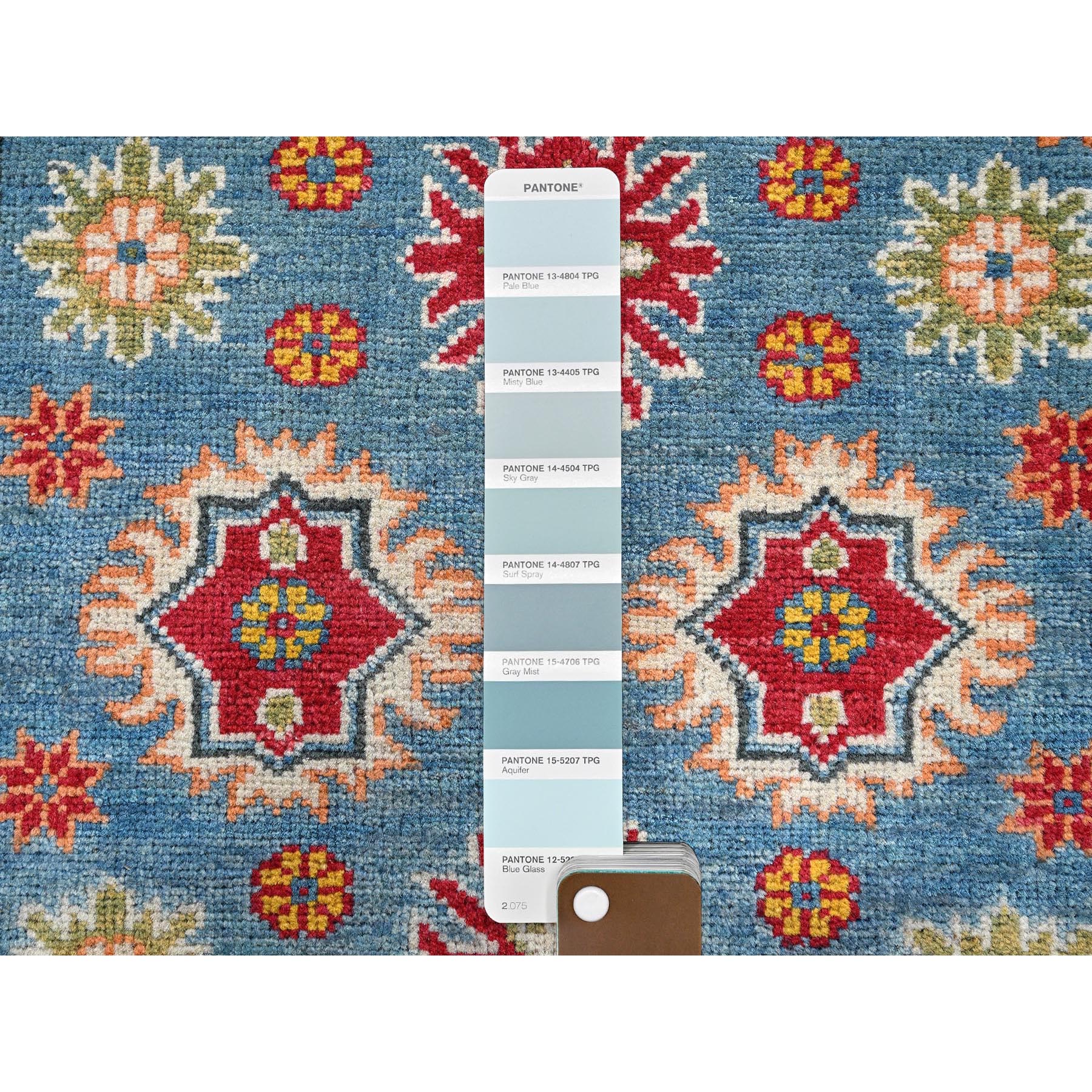 2'10"x4' Maya Blue, Kazak with Tribal Design, Vegetable Dyes, Hand Knotted, Soft and Vibrant Wool, Denser Weave, Sample, Mat, Oriental Rug Sh405