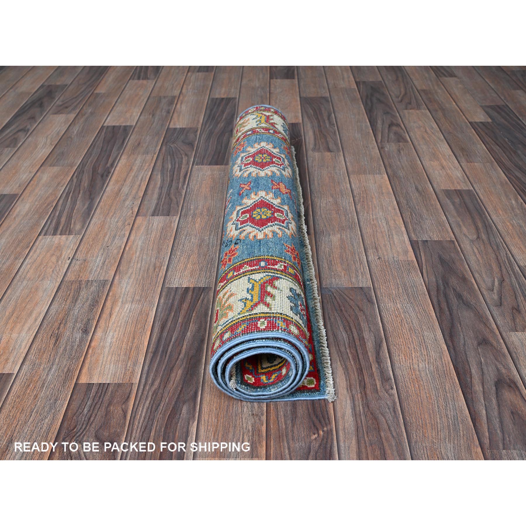 2'10"x4' Maya Blue, Kazak with Tribal Design, Vegetable Dyes, Hand Knotted, Soft and Vibrant Wool, Denser Weave, Sample, Mat, Oriental Rug Sh405