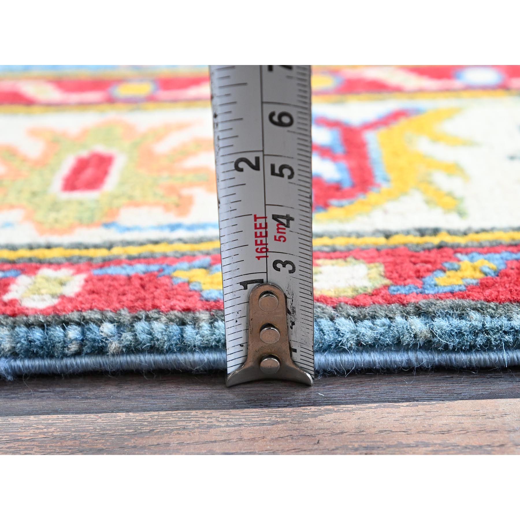 2'10"x4' Maya Blue, Kazak with Tribal Design, Vegetable Dyes, Hand Knotted, Soft and Vibrant Wool, Denser Weave, Sample, Mat, Oriental Rug Sh405
