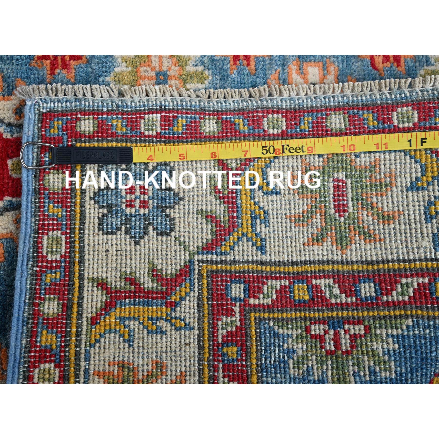 2'10"x4' Maya Blue, Kazak with Tribal Design, Vegetable Dyes, Hand Knotted, Soft and Vibrant Wool, Denser Weave, Sample, Mat, Oriental Rug Sh405
