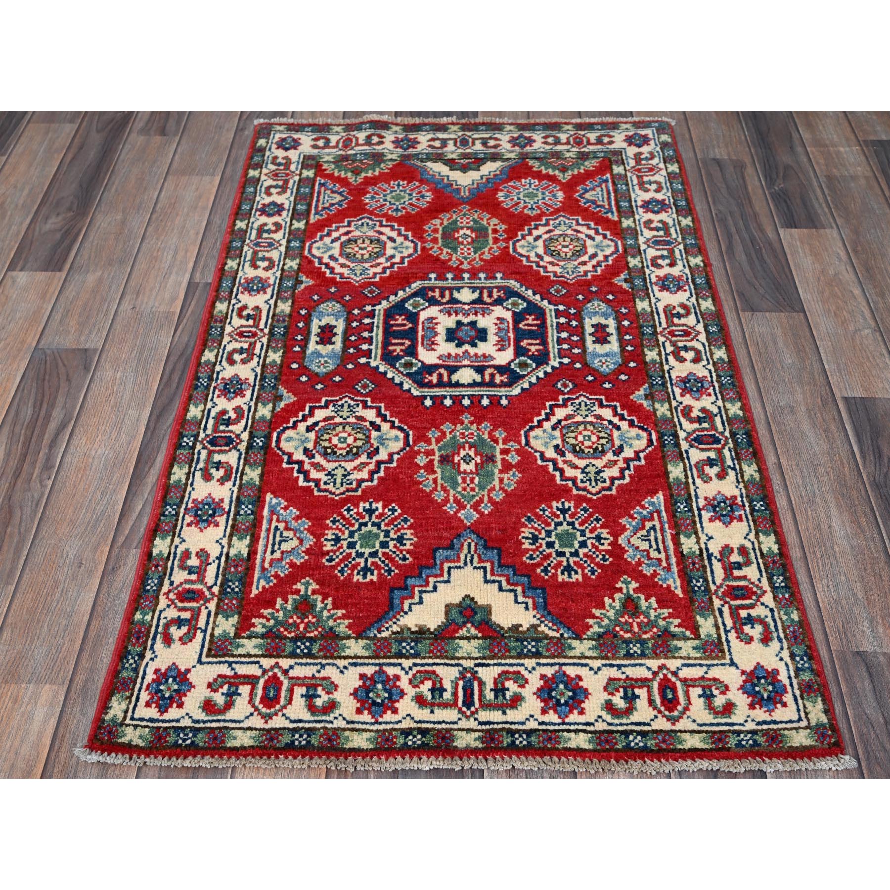 2'6"x4' Berry Red, Kazak with All Over Tribal Motifs, Hand Knotted, Soft and Shiny Wool, Vegetable Dyes, Denser Weave, Sample, Mat, Oriental Rug Sh406