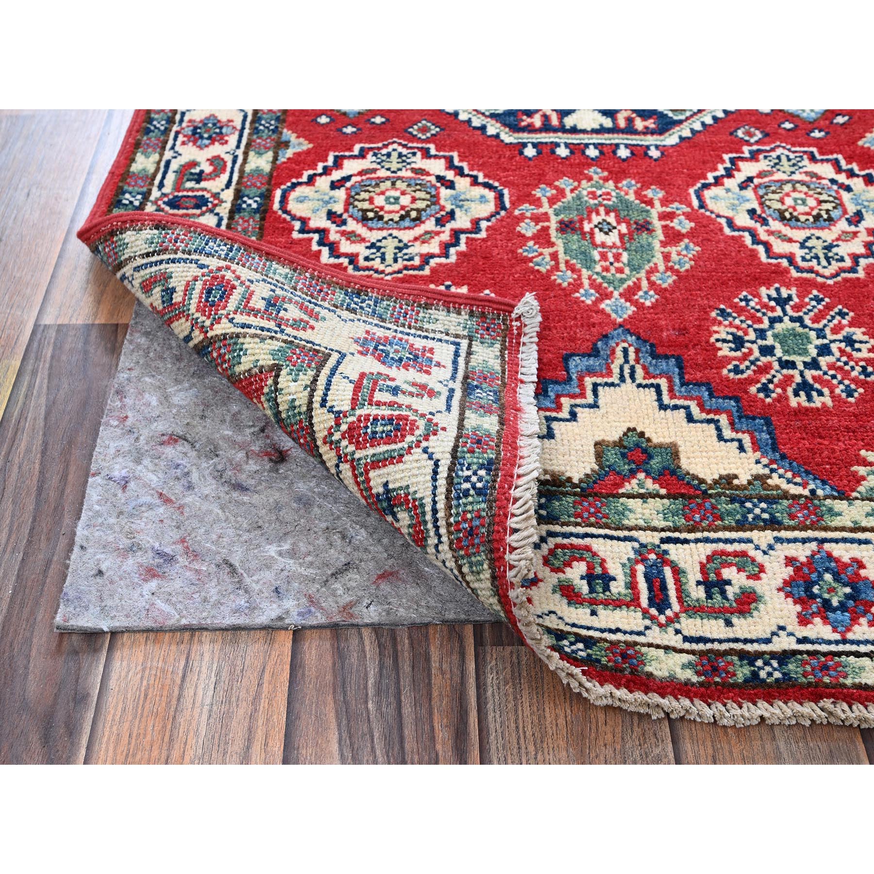 2'6"x4' Berry Red, Kazak with All Over Tribal Motifs, Hand Knotted, Soft and Shiny Wool, Vegetable Dyes, Denser Weave, Sample, Mat, Oriental Rug Sh406