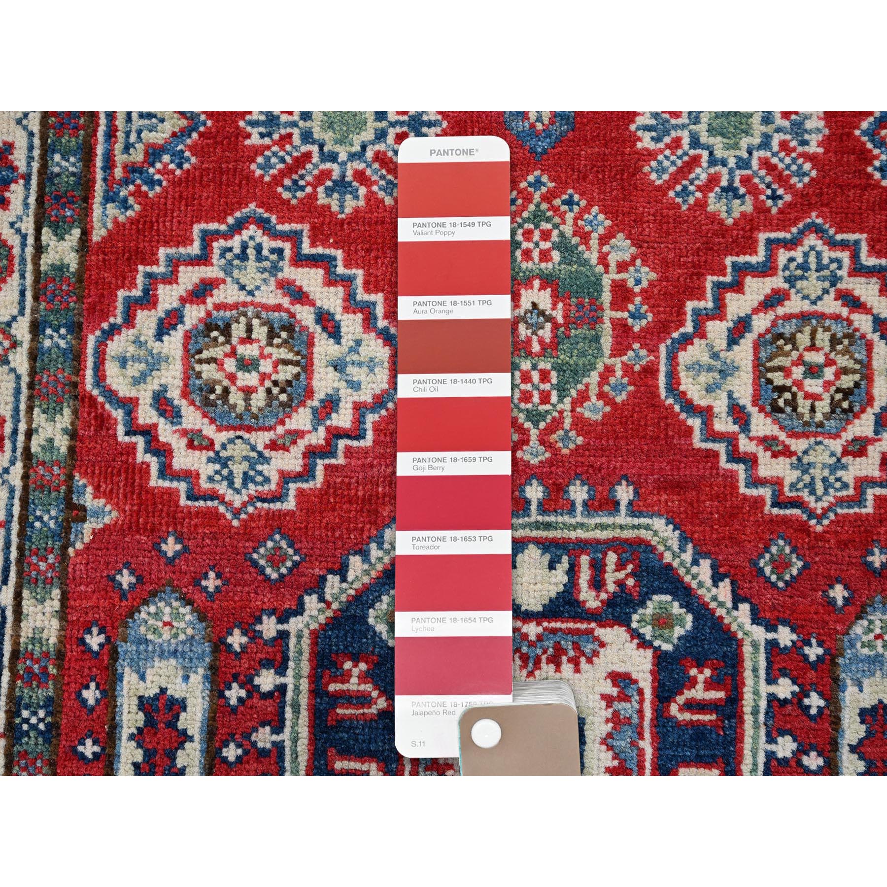 2'6"x4' Berry Red, Kazak with All Over Tribal Motifs, Hand Knotted, Soft and Shiny Wool, Vegetable Dyes, Denser Weave, Sample, Mat, Oriental Rug Sh406