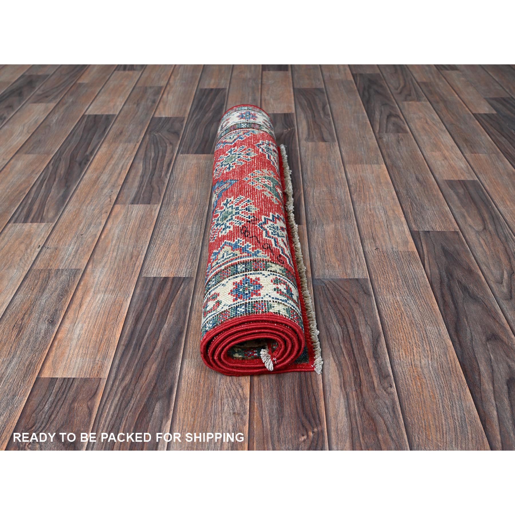 2'6"x4' Berry Red, Kazak with All Over Tribal Motifs, Hand Knotted, Soft and Shiny Wool, Vegetable Dyes, Denser Weave, Sample, Mat, Oriental Rug Sh406