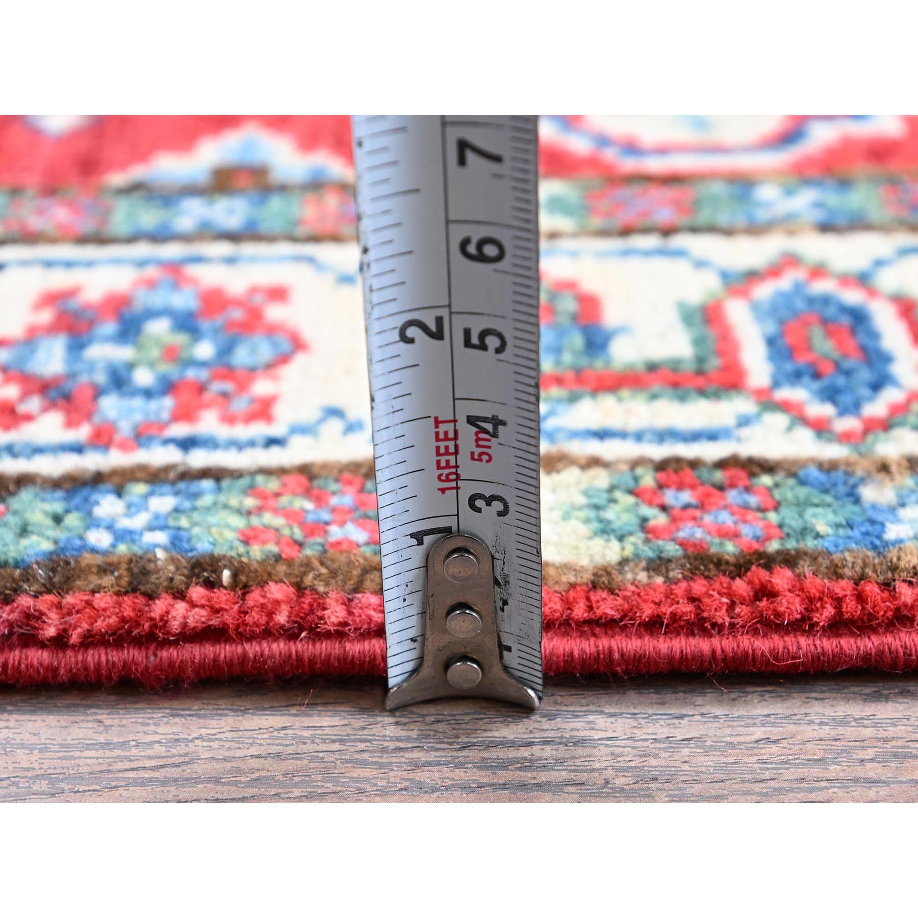2'6"x4' Berry Red, Kazak with All Over Tribal Motifs, Hand Knotted, Soft and Shiny Wool, Vegetable Dyes, Denser Weave, Sample, Mat, Oriental Rug Sh406