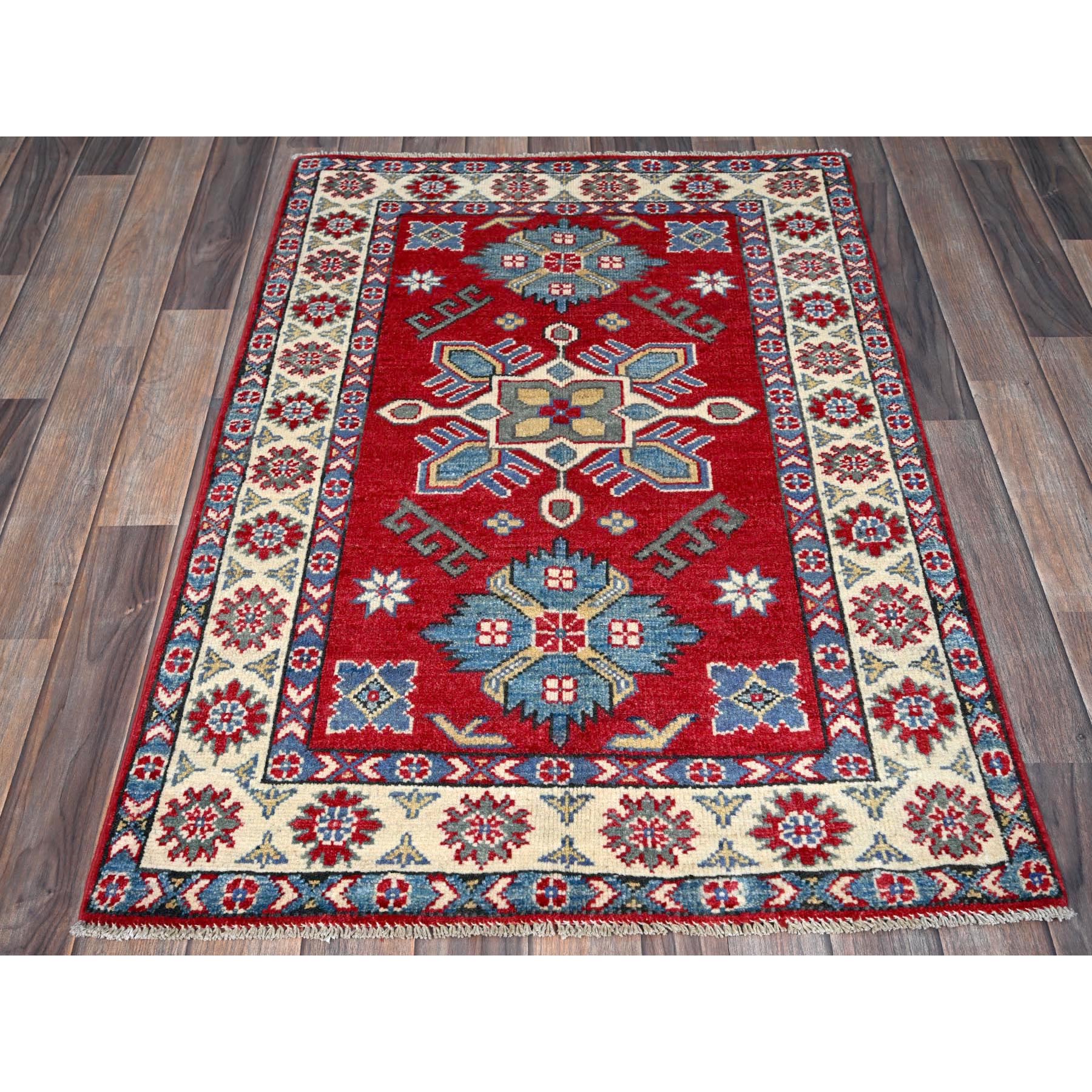 2'9"x4' Crimson Red, Kazak with Tribal Medallion Design, Hand Knotted, Soft and Vibrant Wool, Vegetable Dyes, Denser Weave, Sample, Mat, Oriental Rug Sh407