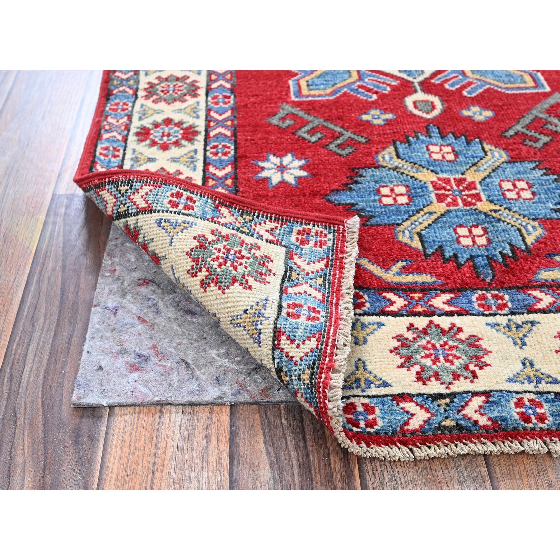 2'9"x4' Crimson Red, Kazak with Tribal Medallion Design, Hand Knotted, Soft and Vibrant Wool, Vegetable Dyes, Denser Weave, Sample, Mat, Oriental Rug Sh407