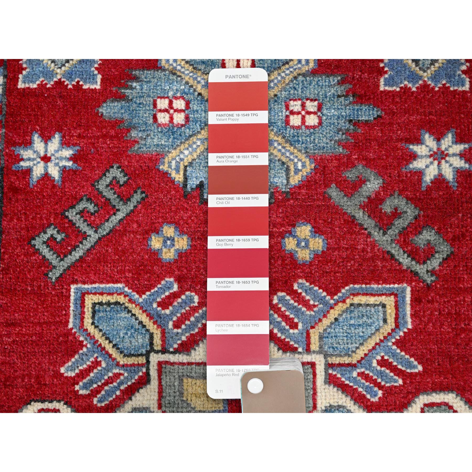 2'9"x4' Crimson Red, Kazak with Tribal Medallion Design, Hand Knotted, Soft and Vibrant Wool, Vegetable Dyes, Denser Weave, Sample, Mat, Oriental Rug Sh407