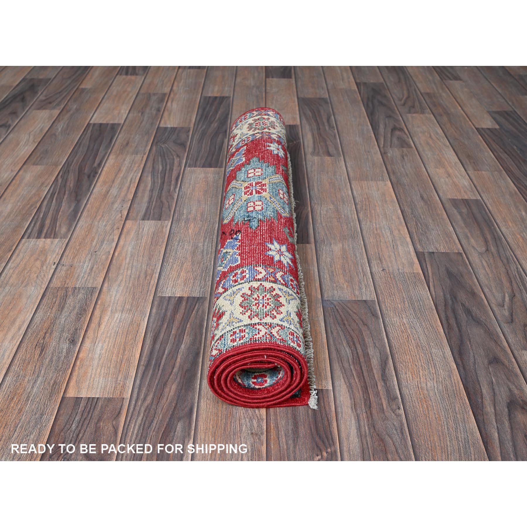 2'9"x4' Crimson Red, Kazak with Tribal Medallion Design, Hand Knotted, Soft and Vibrant Wool, Vegetable Dyes, Denser Weave, Sample, Mat, Oriental Rug Sh407