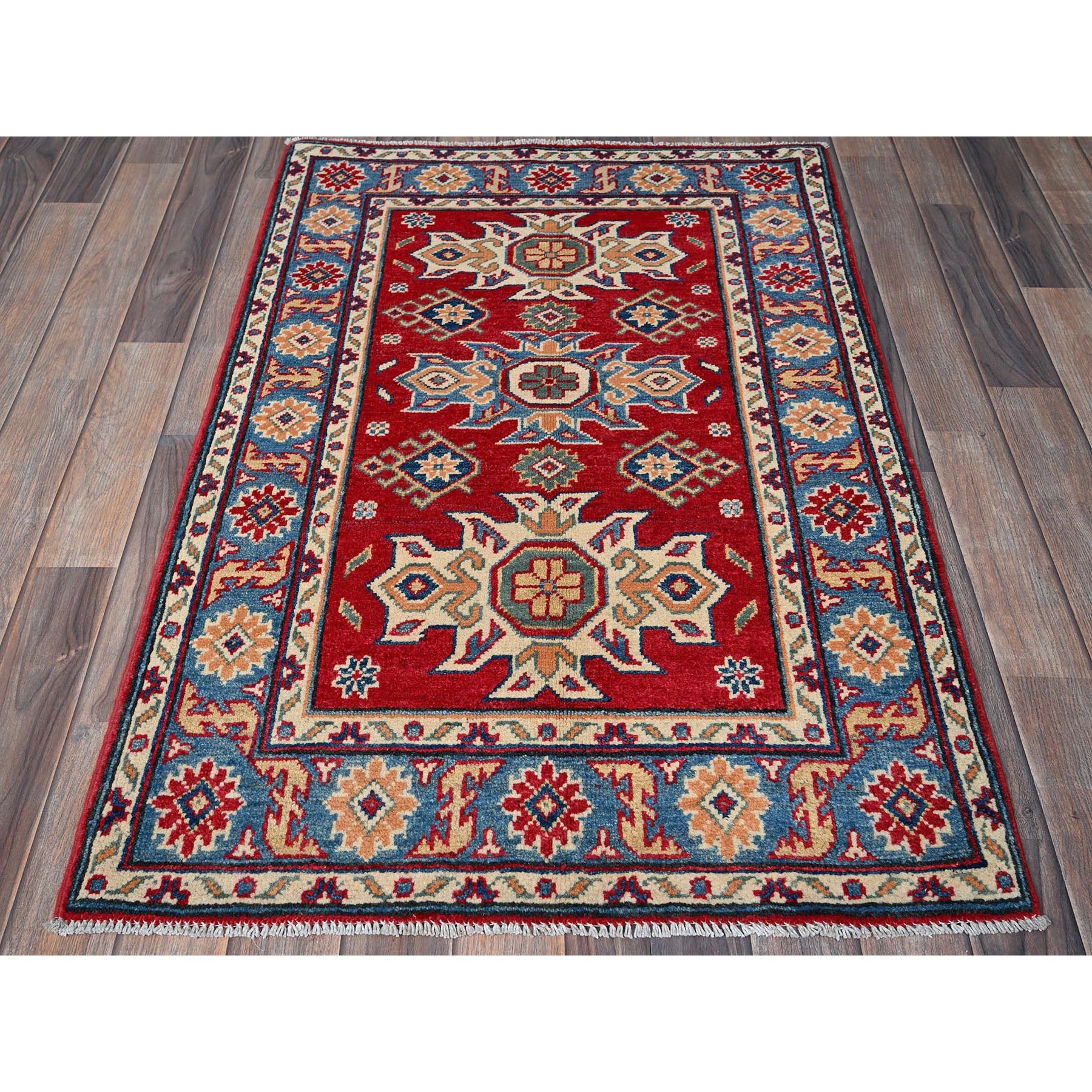 2'10"x4'2" Chili Red, Kazak with Tribal Design, Vegetable Dyes, Soft and Shiny Wool, Hand Knotted, Denser Weave, Sample, Mat, Oriental Rug Sh408