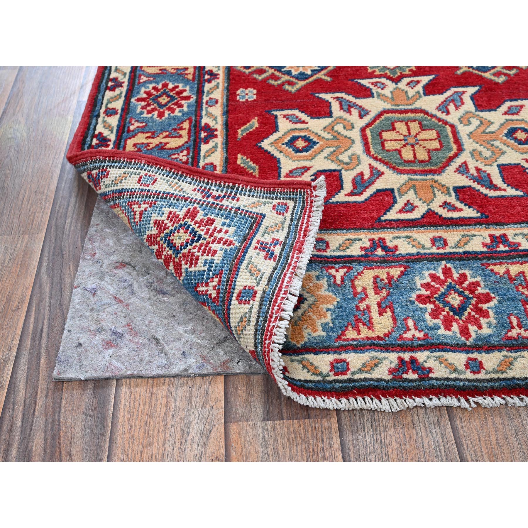 2'10"x4'2" Chili Red, Kazak with Tribal Design, Vegetable Dyes, Soft and Shiny Wool, Hand Knotted, Denser Weave, Sample, Mat, Oriental Rug Sh408