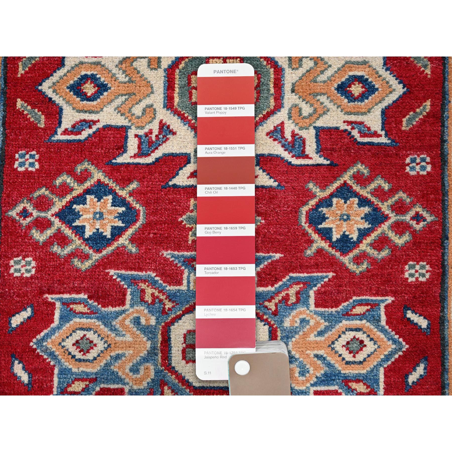2'10"x4'2" Chili Red, Kazak with Tribal Design, Vegetable Dyes, Soft and Shiny Wool, Hand Knotted, Denser Weave, Sample, Mat, Oriental Rug Sh408