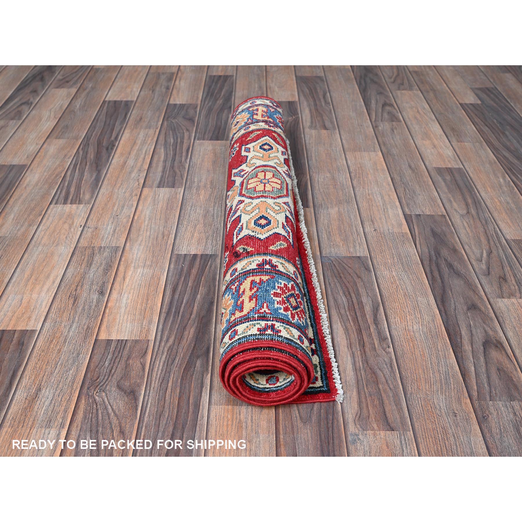 2'10"x4'2" Chili Red, Kazak with Tribal Design, Vegetable Dyes, Soft and Shiny Wool, Hand Knotted, Denser Weave, Sample, Mat, Oriental Rug Sh408