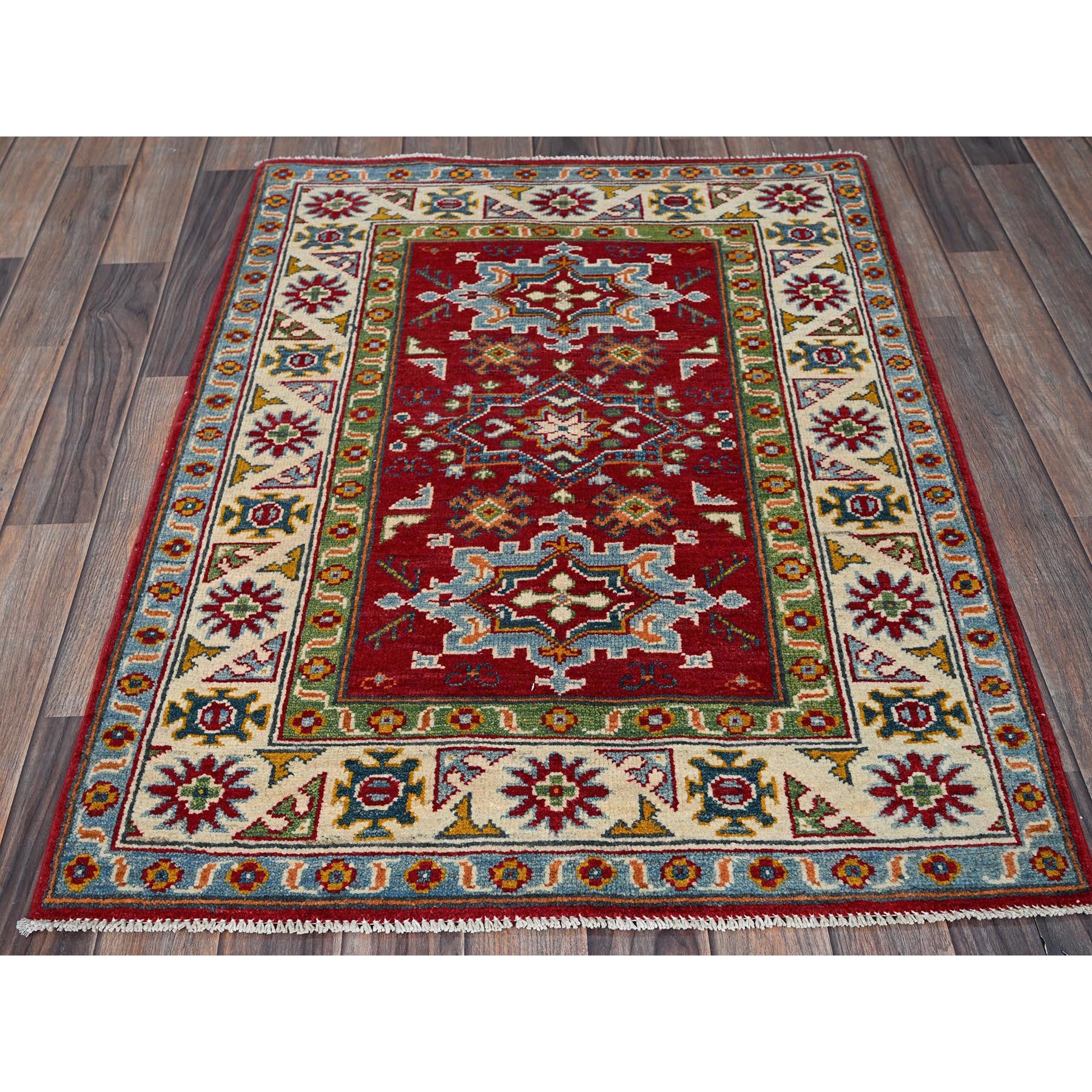 3'x4' Crimson Red, Kazak with Geometric Medallions Design, Hand Knotted, Soft and Velvety Wool, Natural Dyes, Denser Weave, Oriental Rug Sh410