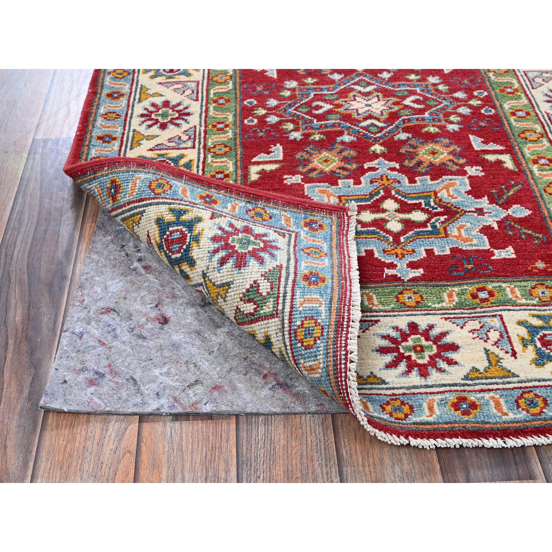 3'x4' Crimson Red, Kazak with Geometric Medallions Design, Hand Knotted, Soft and Velvety Wool, Natural Dyes, Denser Weave, Oriental Rug Sh410