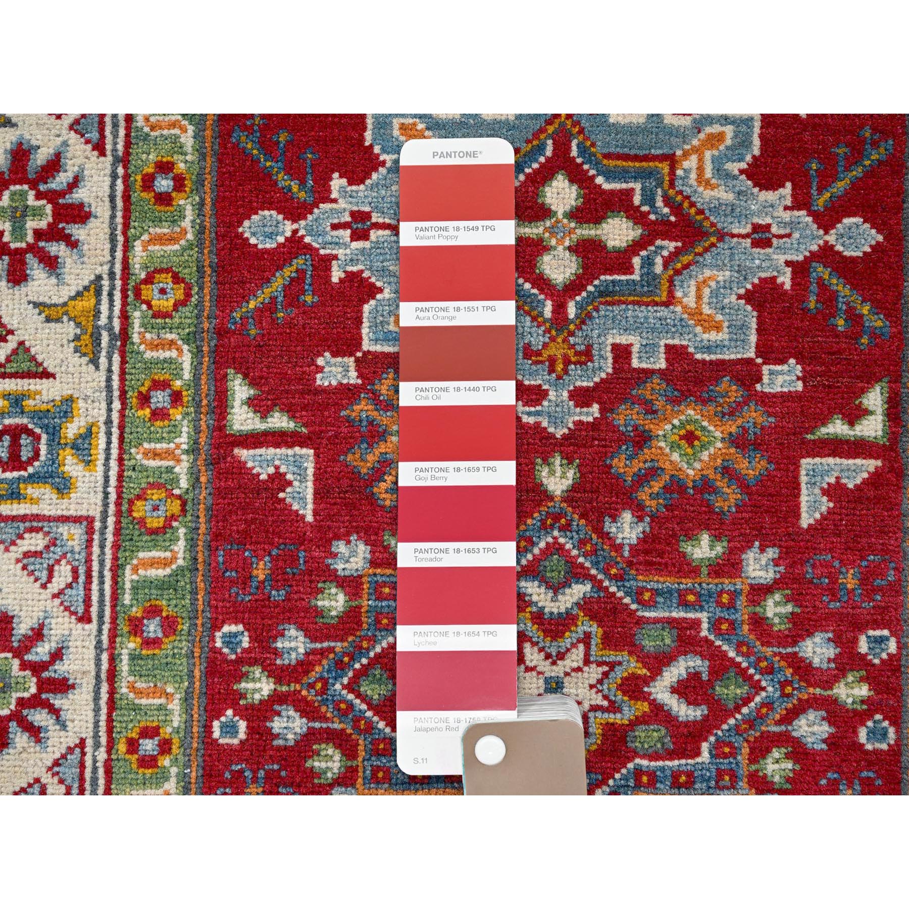 3'x4' Crimson Red, Kazak with Geometric Medallions Design, Hand Knotted, Soft and Velvety Wool, Natural Dyes, Denser Weave, Oriental Rug Sh410