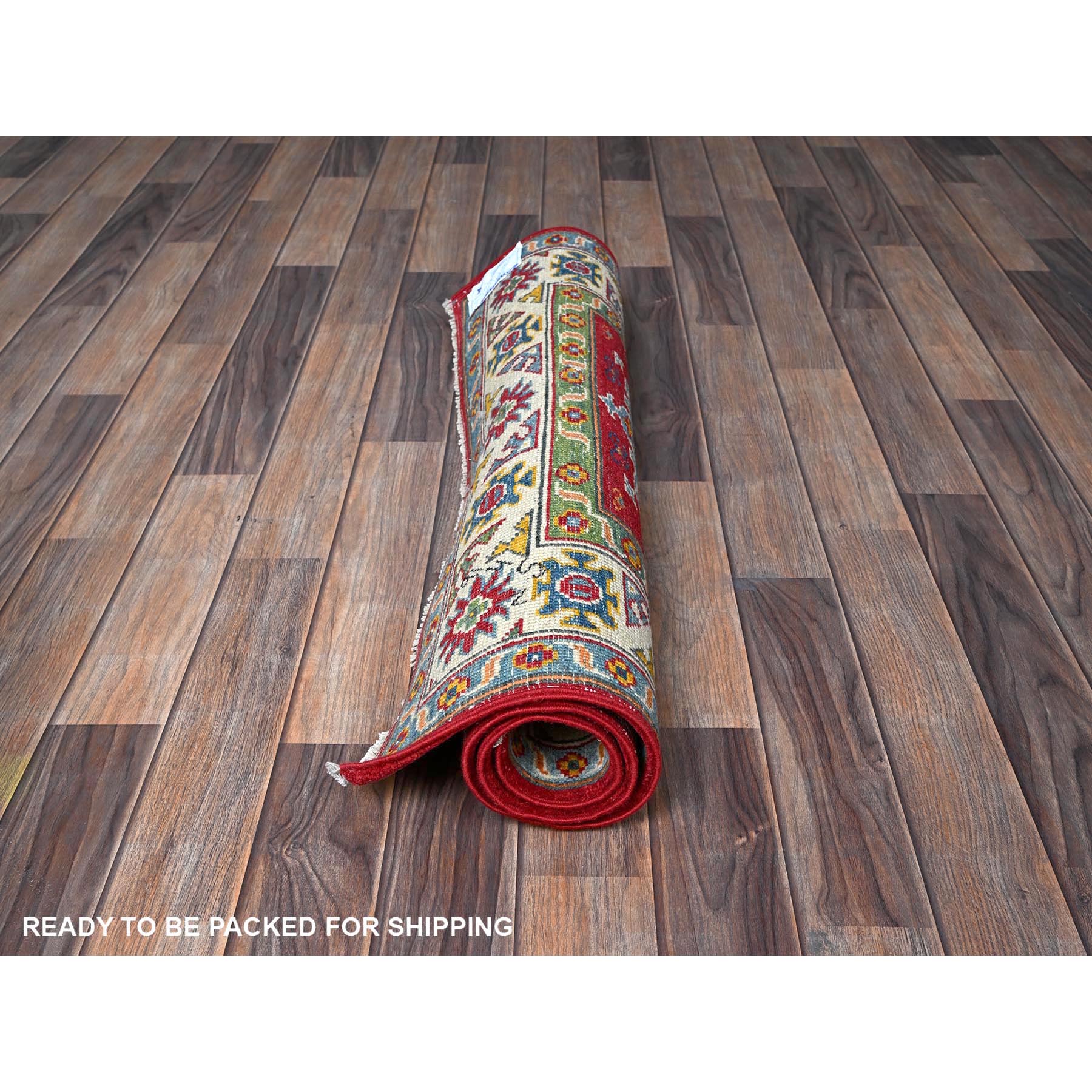 3'x4' Crimson Red, Kazak with Geometric Medallions Design, Hand Knotted, Soft and Velvety Wool, Natural Dyes, Denser Weave, Oriental Rug Sh410
