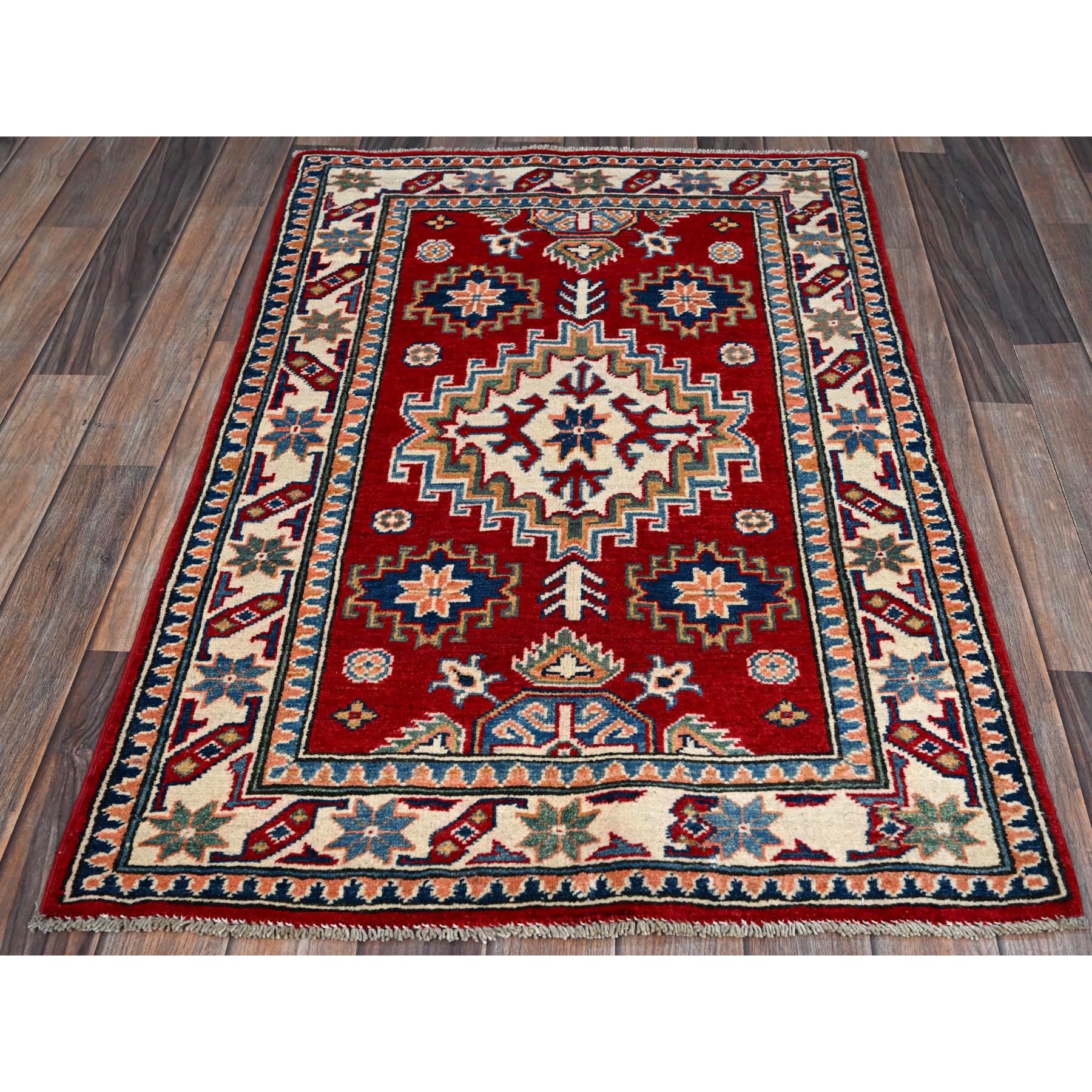 2'7"x4' Auburn Red, Kazak with Geometric Medallion Design, Vegetable Dyes, Hand Knotted, Soft and Velvety Wool, Denser Weave, Sample, Mat, Oriental Rug Sh411