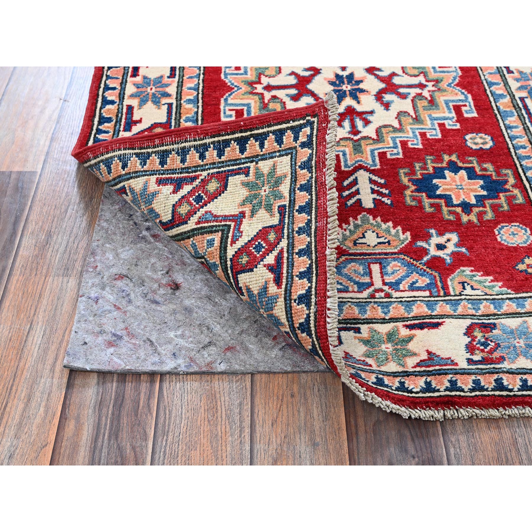 2'7"x4' Auburn Red, Kazak with Geometric Medallion Design, Vegetable Dyes, Hand Knotted, Soft and Velvety Wool, Denser Weave, Sample, Mat, Oriental Rug Sh411