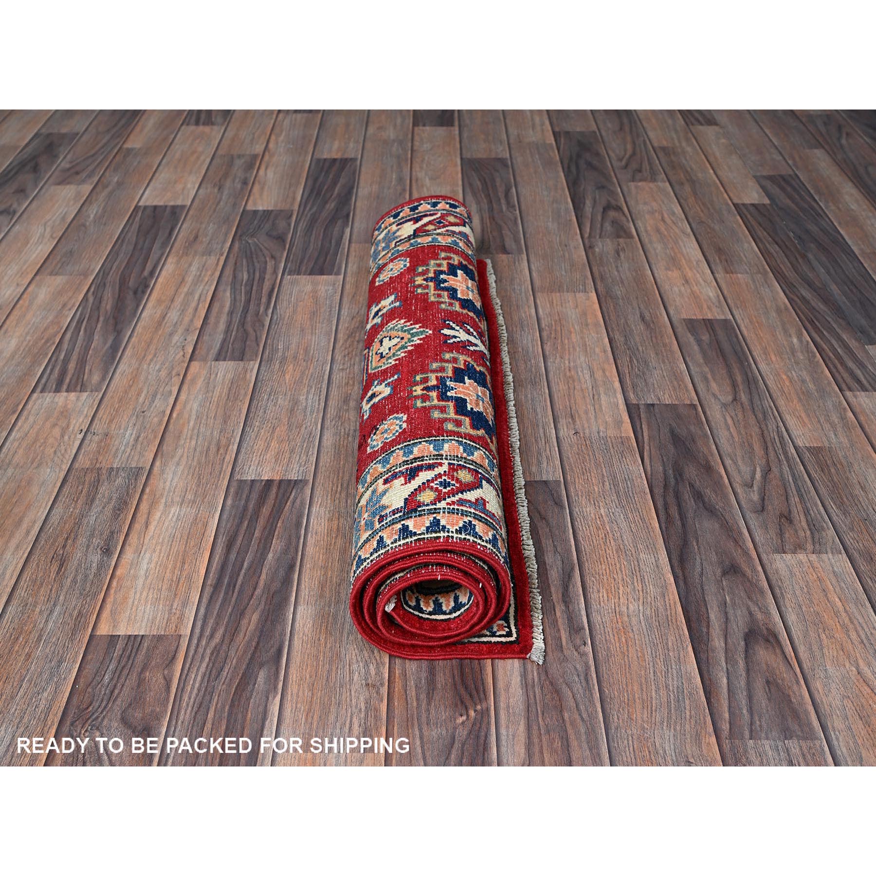 2'7"x4' Auburn Red, Kazak with Geometric Medallion Design, Vegetable Dyes, Hand Knotted, Soft and Velvety Wool, Denser Weave, Sample, Mat, Oriental Rug Sh411