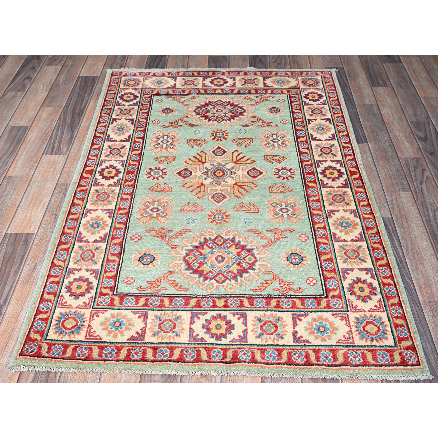 3'5"x5' Honeydew Green, Kazak with Tribal Design, Natural Dyes, Soft and Velvety Wool, Hand Knotted, Denser Weave, Oriental Rug Sh413