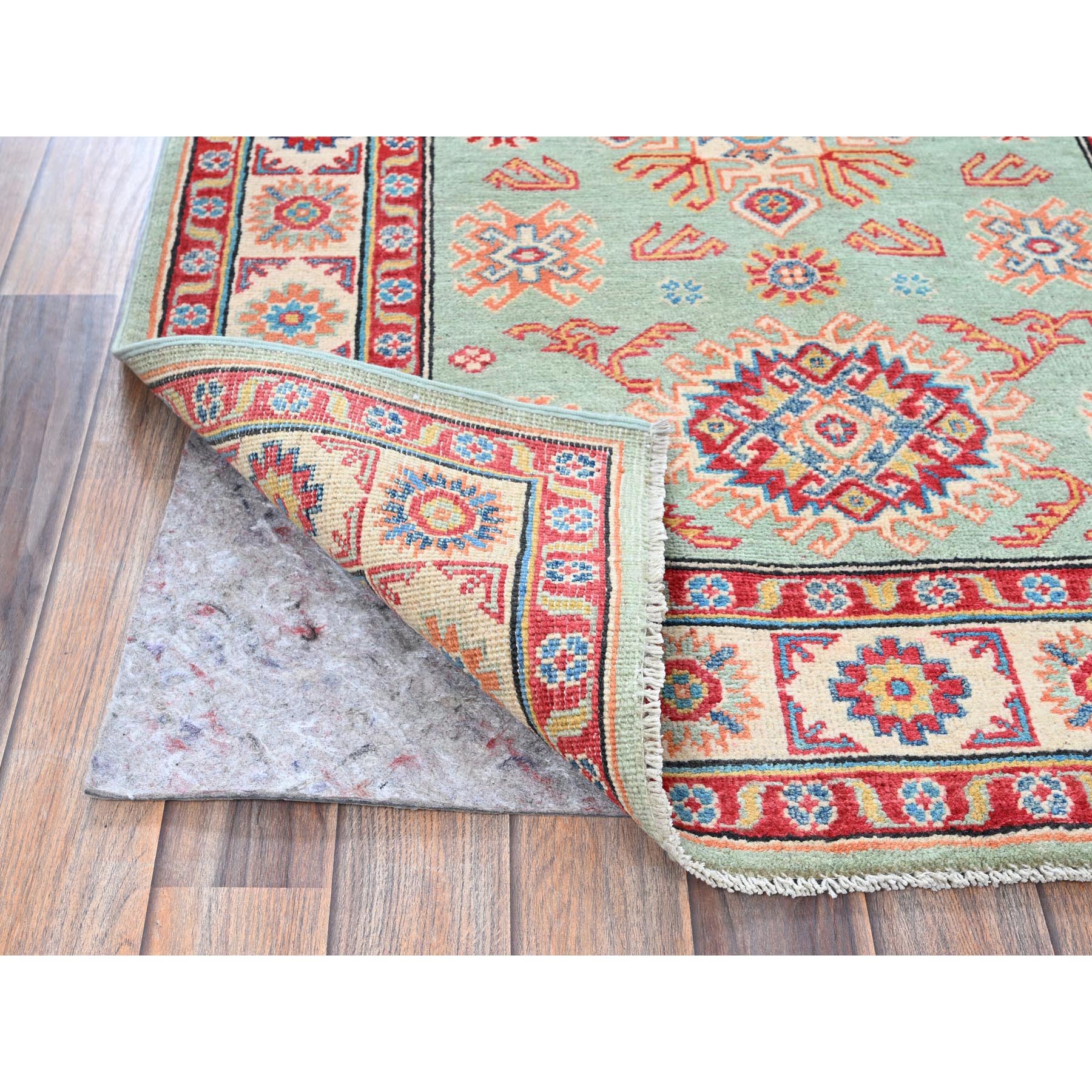 3'5"x5' Honeydew Green, Kazak with Tribal Design, Natural Dyes, Soft and Velvety Wool, Hand Knotted, Denser Weave, Oriental Rug Sh413