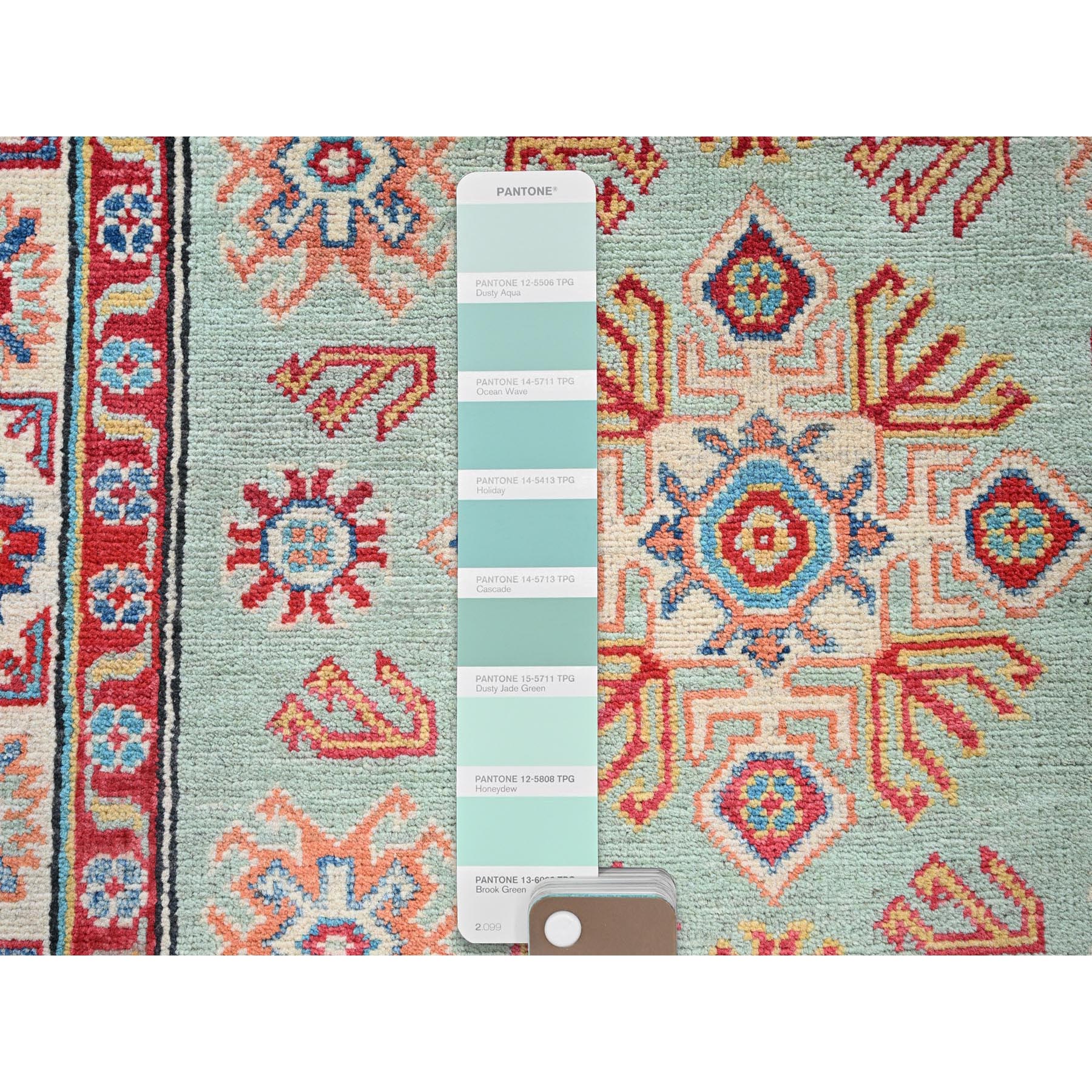 3'5"x5' Honeydew Green, Kazak with Tribal Design, Natural Dyes, Soft and Velvety Wool, Hand Knotted, Denser Weave, Oriental Rug Sh413