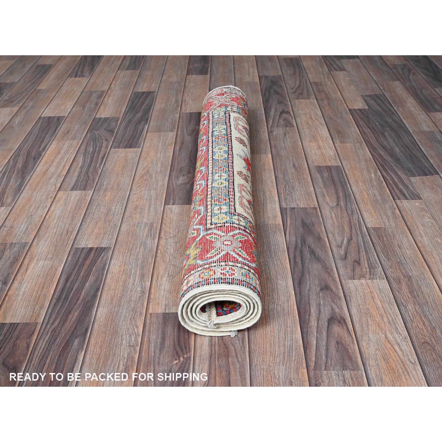 3'2"x5'3" Pearl White, Hand Knotted, Kazak with Geometric Medallions Design, Soft and Velvety Wool, Vegetable Dyes, Denser Weave, Oriental Rug Sh415