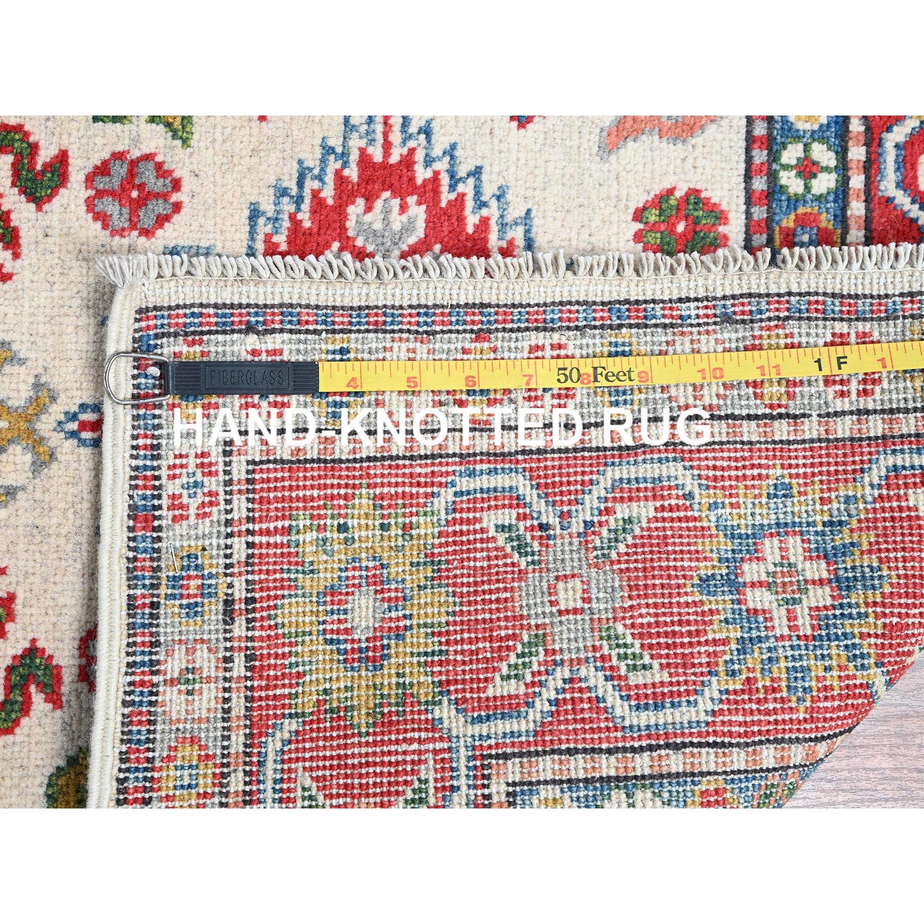 3'2"x5'3" Pearl White, Hand Knotted, Kazak with Geometric Medallions Design, Soft and Velvety Wool, Vegetable Dyes, Denser Weave, Oriental Rug Sh415