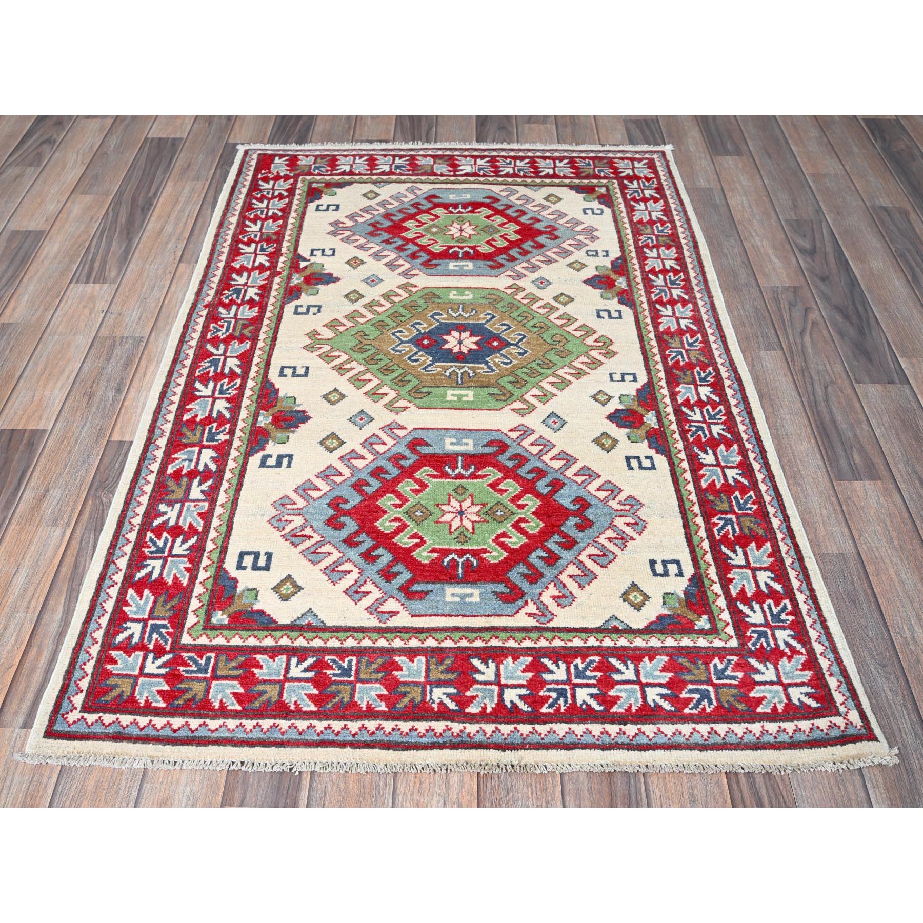 3'3"x4'10" Alabaster White, Kazak with Geometric Medallions Design, Soft and Vibrant Wool, Hand Knotted, Vegetable Dyes, Denser Weave, Oriental Rug Sh416