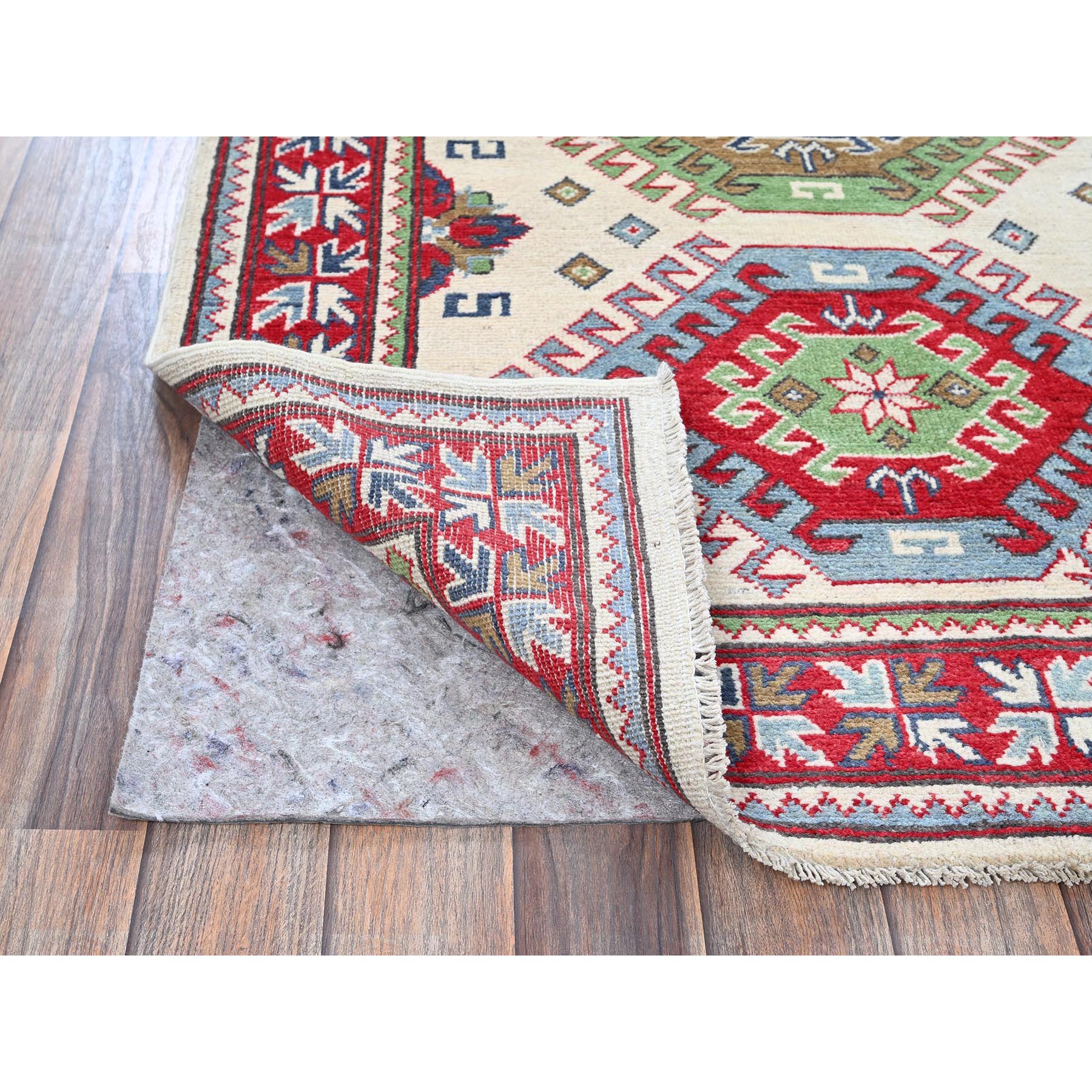 3'3"x4'10" Alabaster White, Kazak with Geometric Medallions Design, Soft and Vibrant Wool, Hand Knotted, Vegetable Dyes, Denser Weave, Oriental Rug Sh416