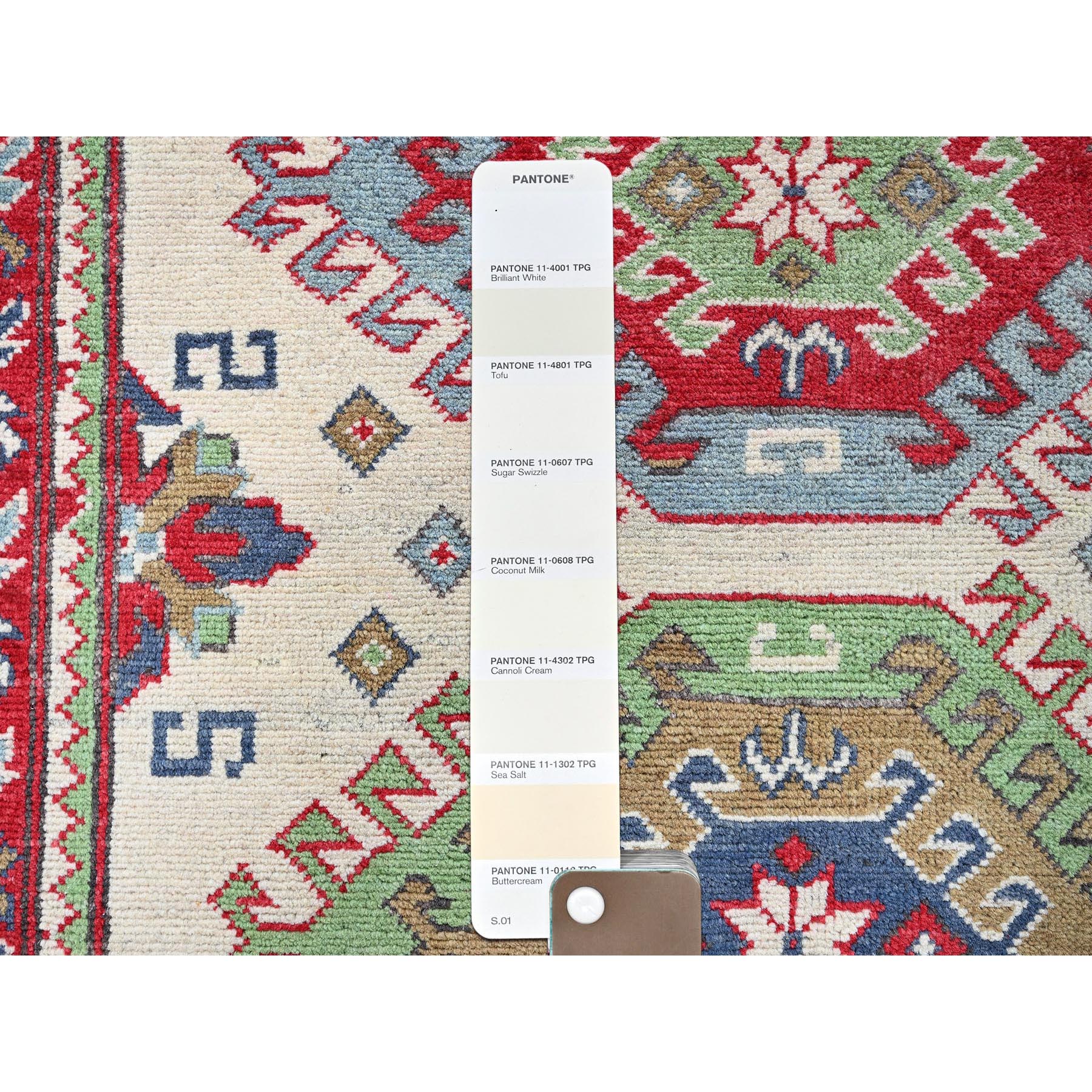 3'3"x4'10" Alabaster White, Kazak with Geometric Medallions Design, Soft and Vibrant Wool, Hand Knotted, Vegetable Dyes, Denser Weave, Oriental Rug Sh416